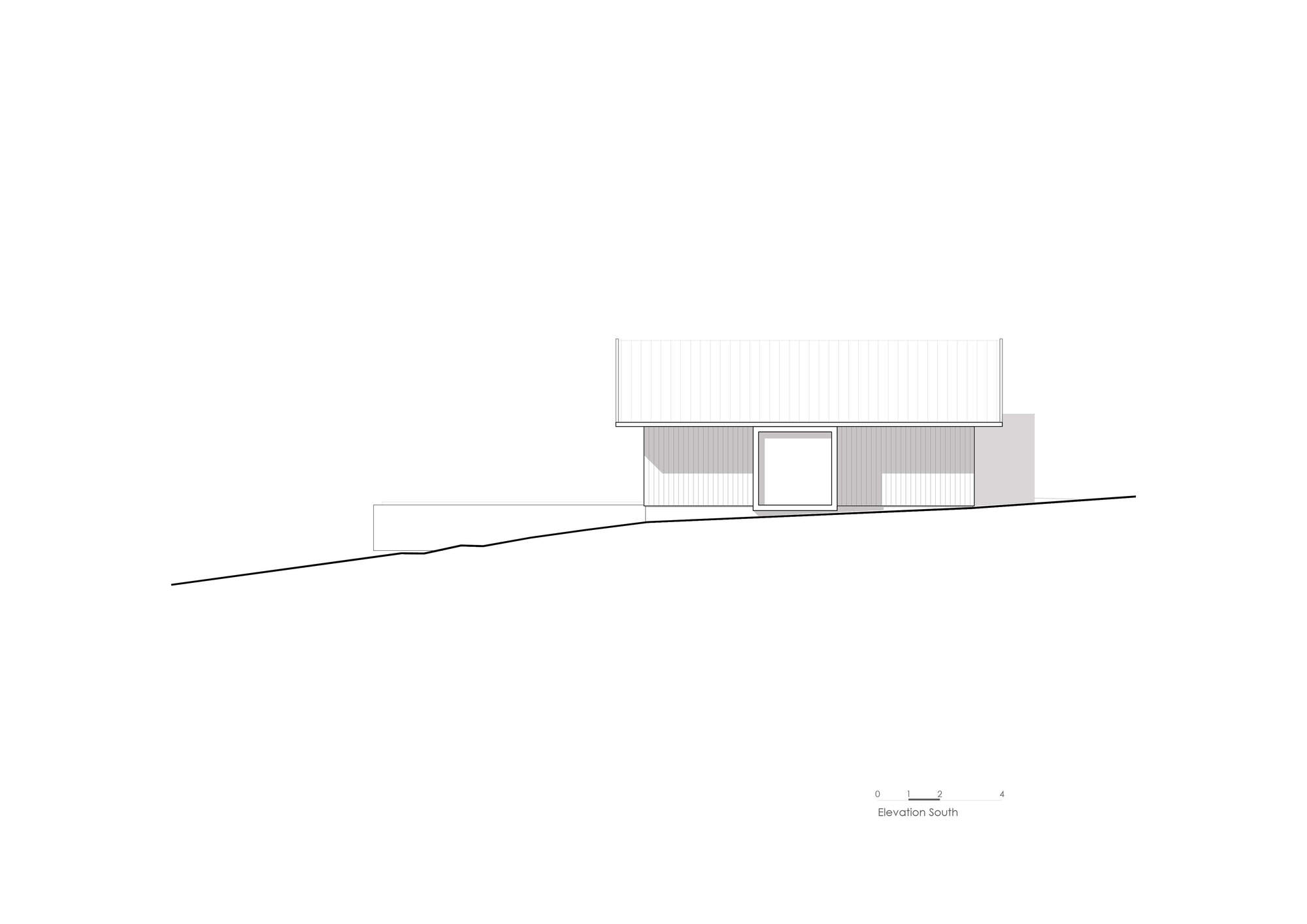 Elevation drawing showing a low-profile rectangular volume on a sloping grade line