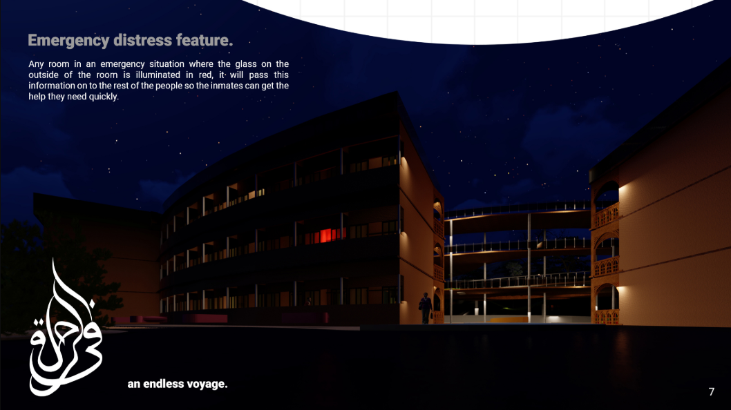 Night view demonstrating the integrated emergency distress feature for faster resident assistance.