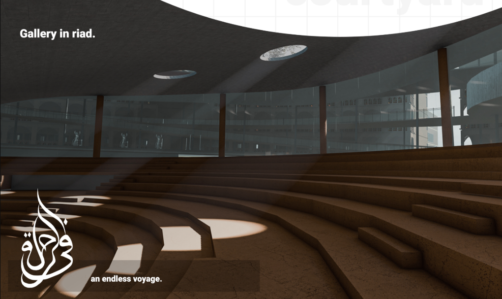 The riad gallery uses stepped seating and filtered daylight to create a communal cultural space.