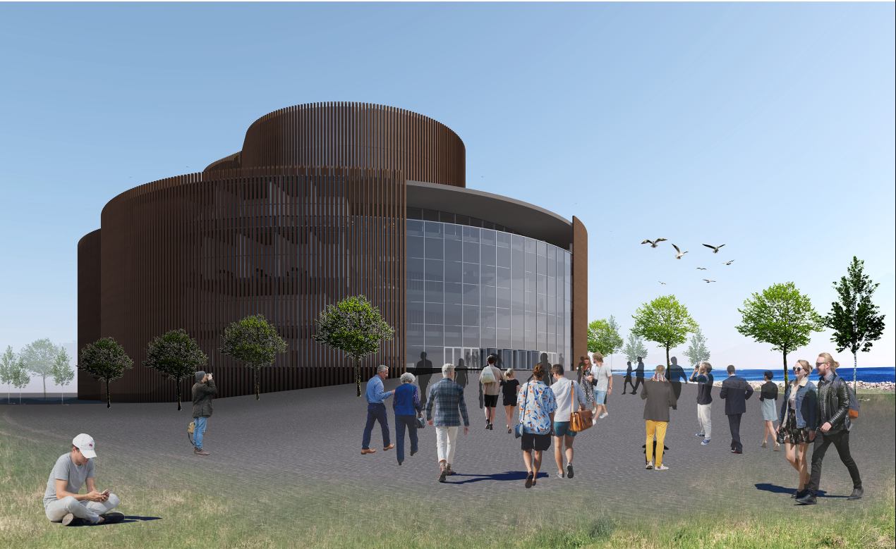 Exterior rendering of the cylindrical ribbed facade and glazed entrance with pedestrians and trees along a waterfront promenade