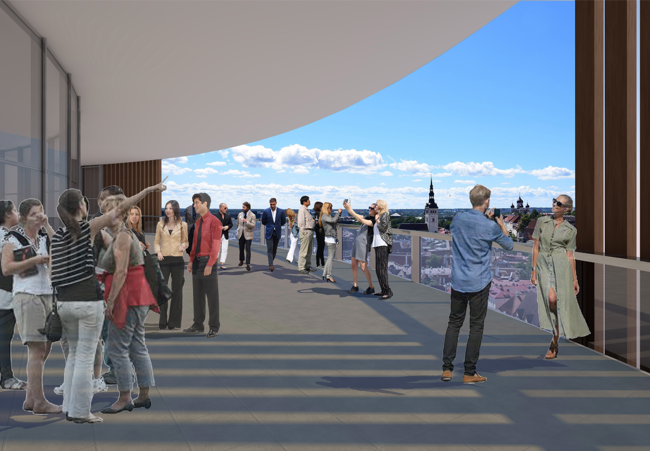 Open-air terrace with visitors overlooking a historic urban skyline framed by a curving canopy overhead