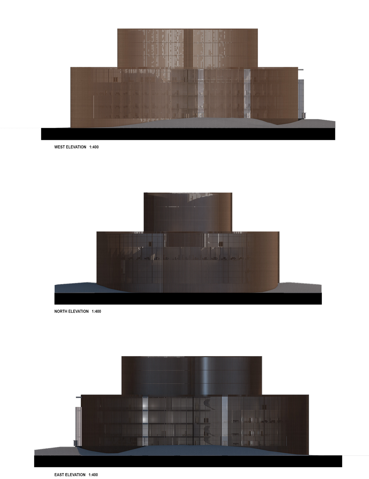 Elevation drawings showing the ribbed brown facades and transparent glazed openings from west, north, and east sides