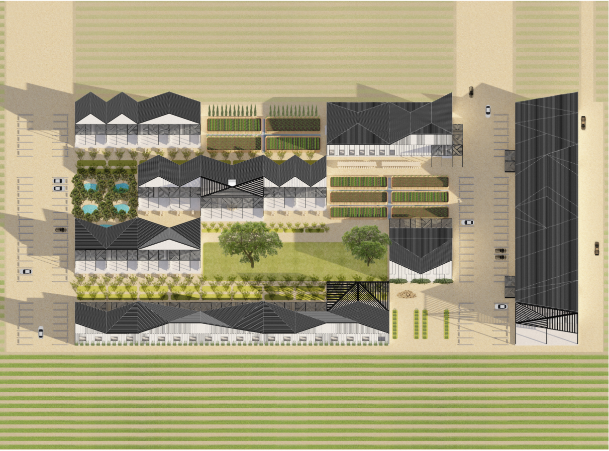 Master plan showing the winery’s village-like layout, productive gardens, courtyards, and vineyard alignment.