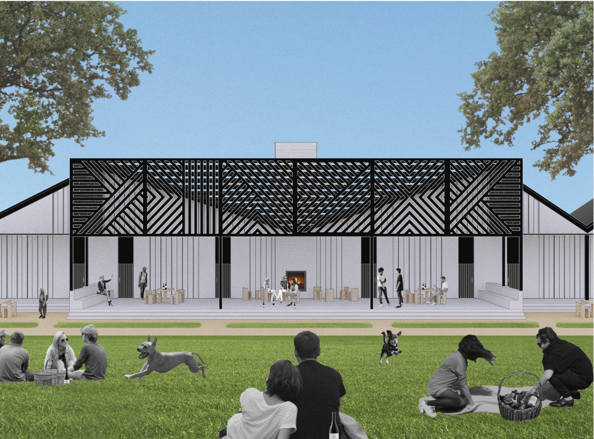 Hospitality pavilion framed by a patterned screen and an open lawn designed for informal gatherings.