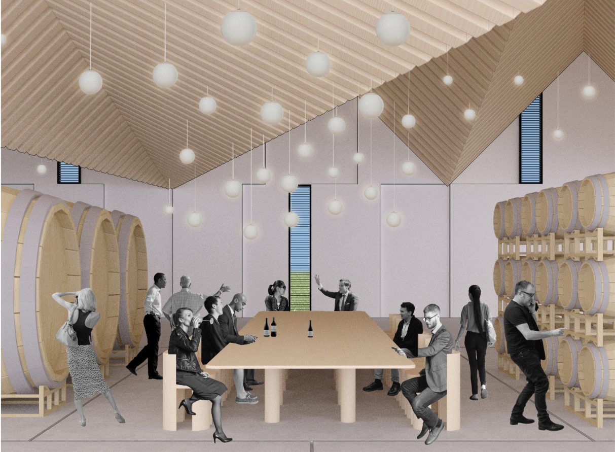 Barrel room interior featuring folded timber roofs, communal tasting tables, and integrated wine storage.