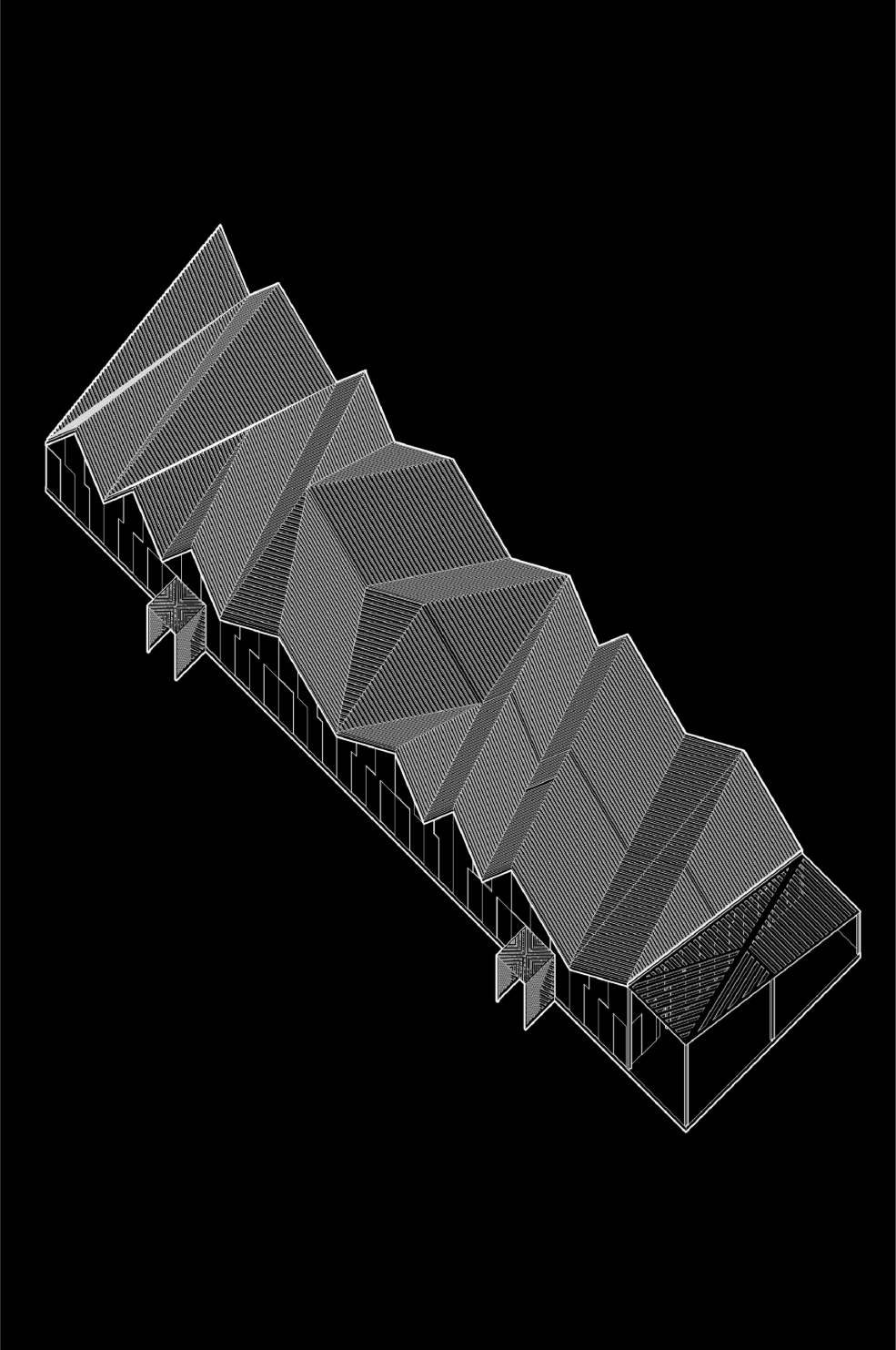 Axonometric view highlighting the production building’s modular sequence of varied gabled roof forms.