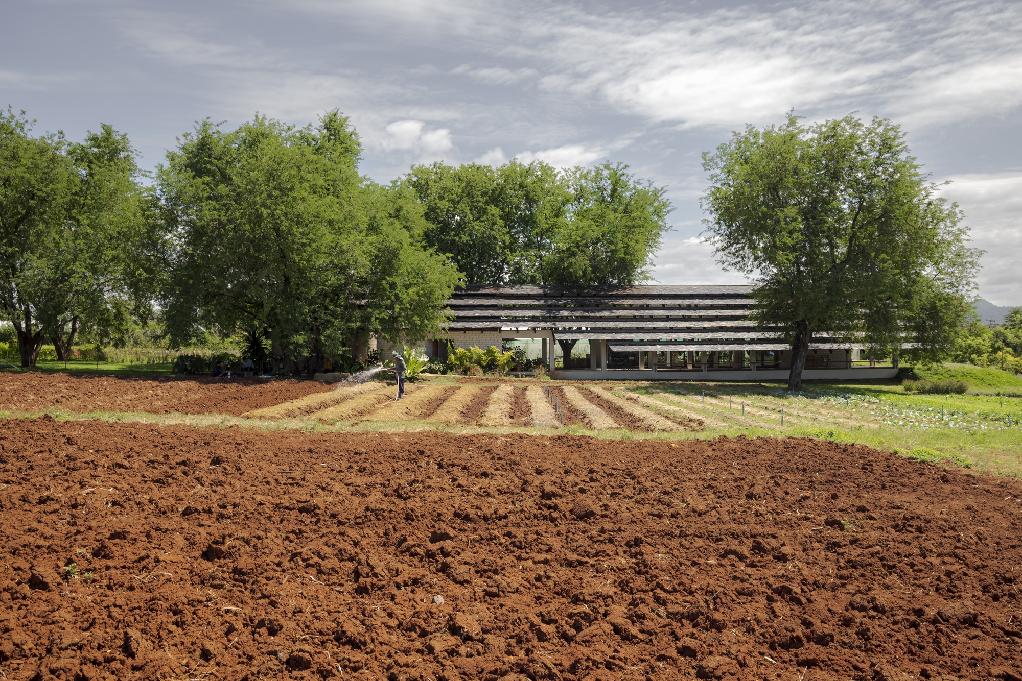 Longitudinal elevation with stacked timber eaves seen across freshly tilled red earth and a figure
