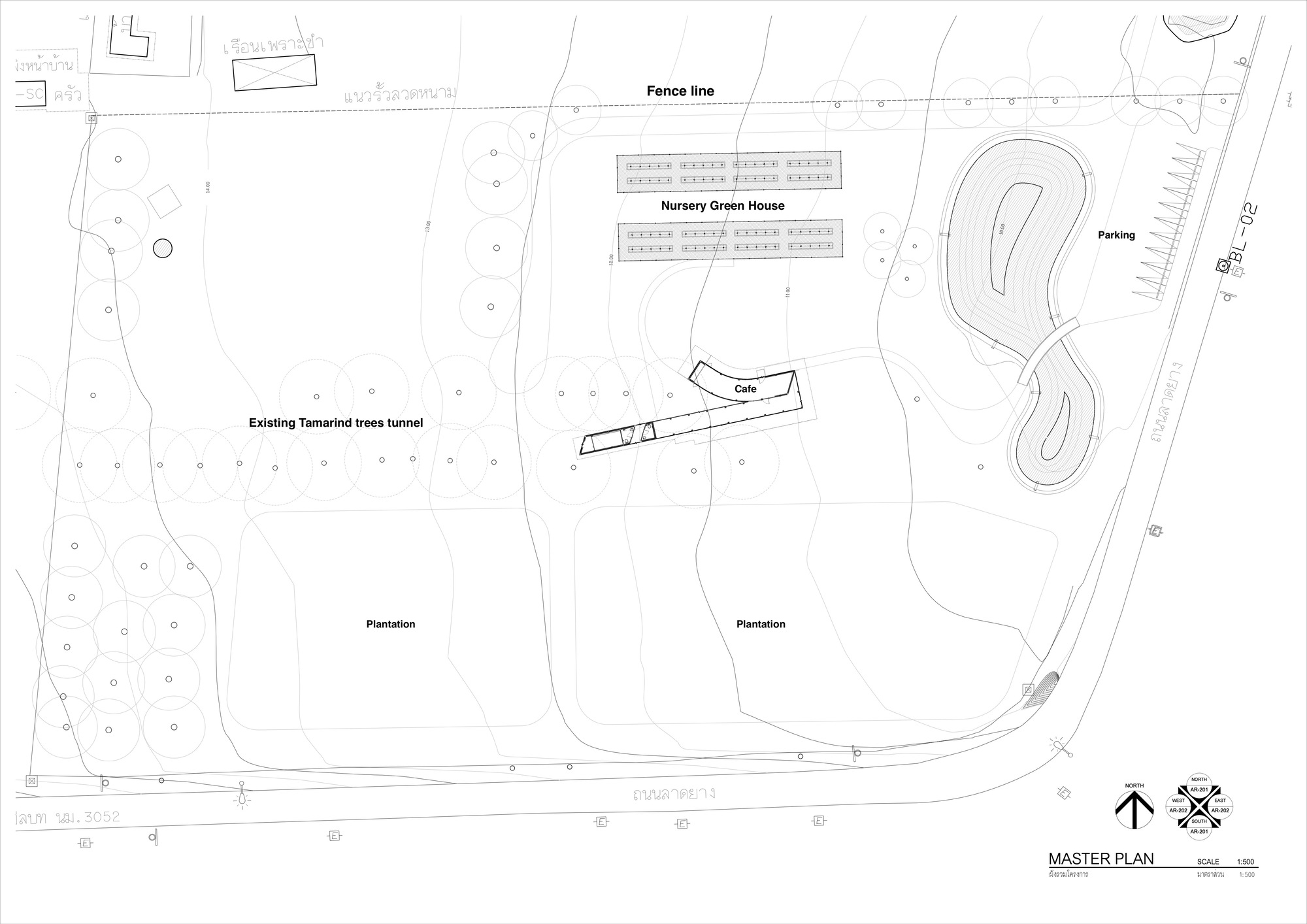 Master plan drawing showing nursery green house, cafe building and plantation areas with parking