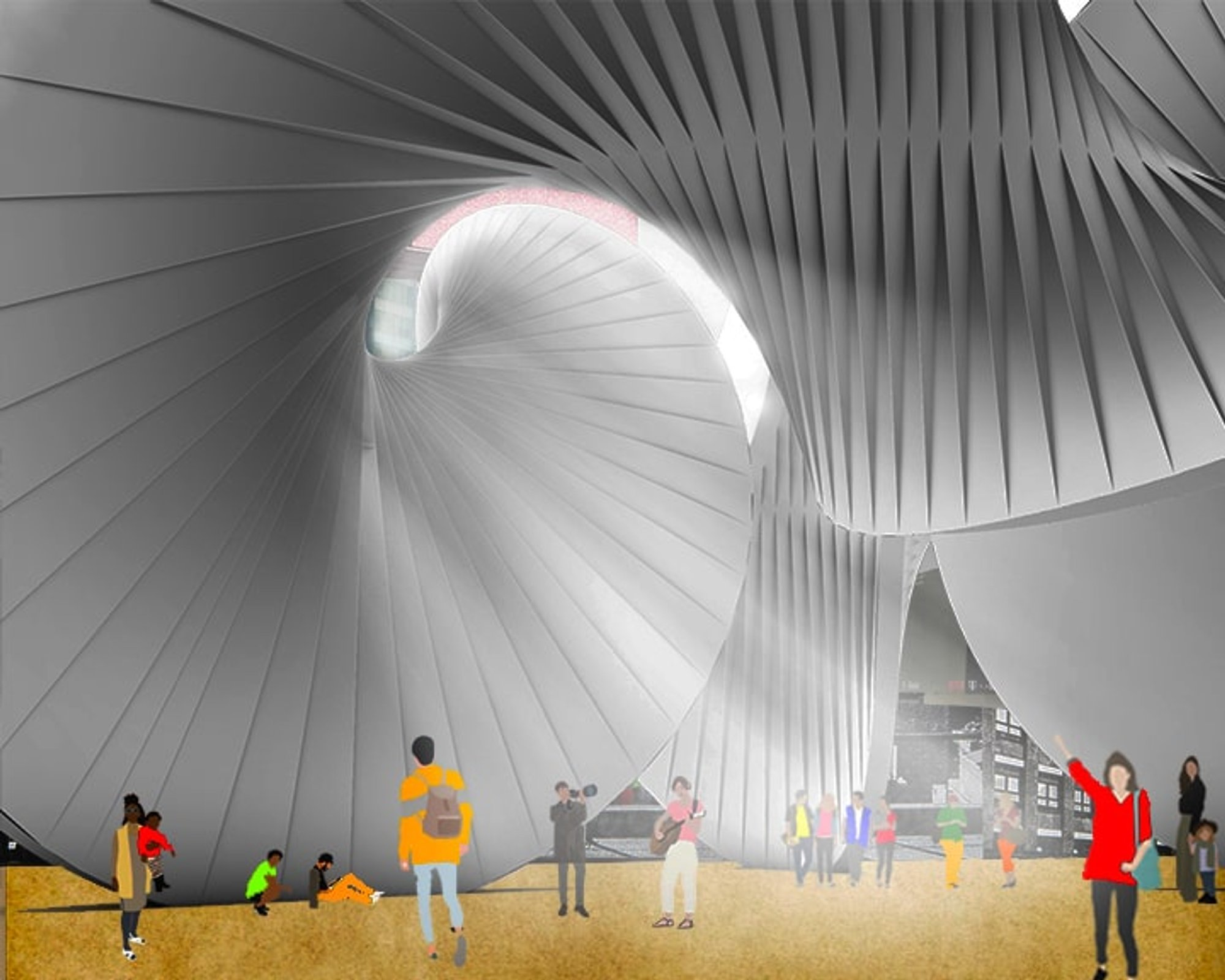 Twisting surfaces frame movement and interaction, transforming the pavilion interior into a fluid sequence of social spaces.