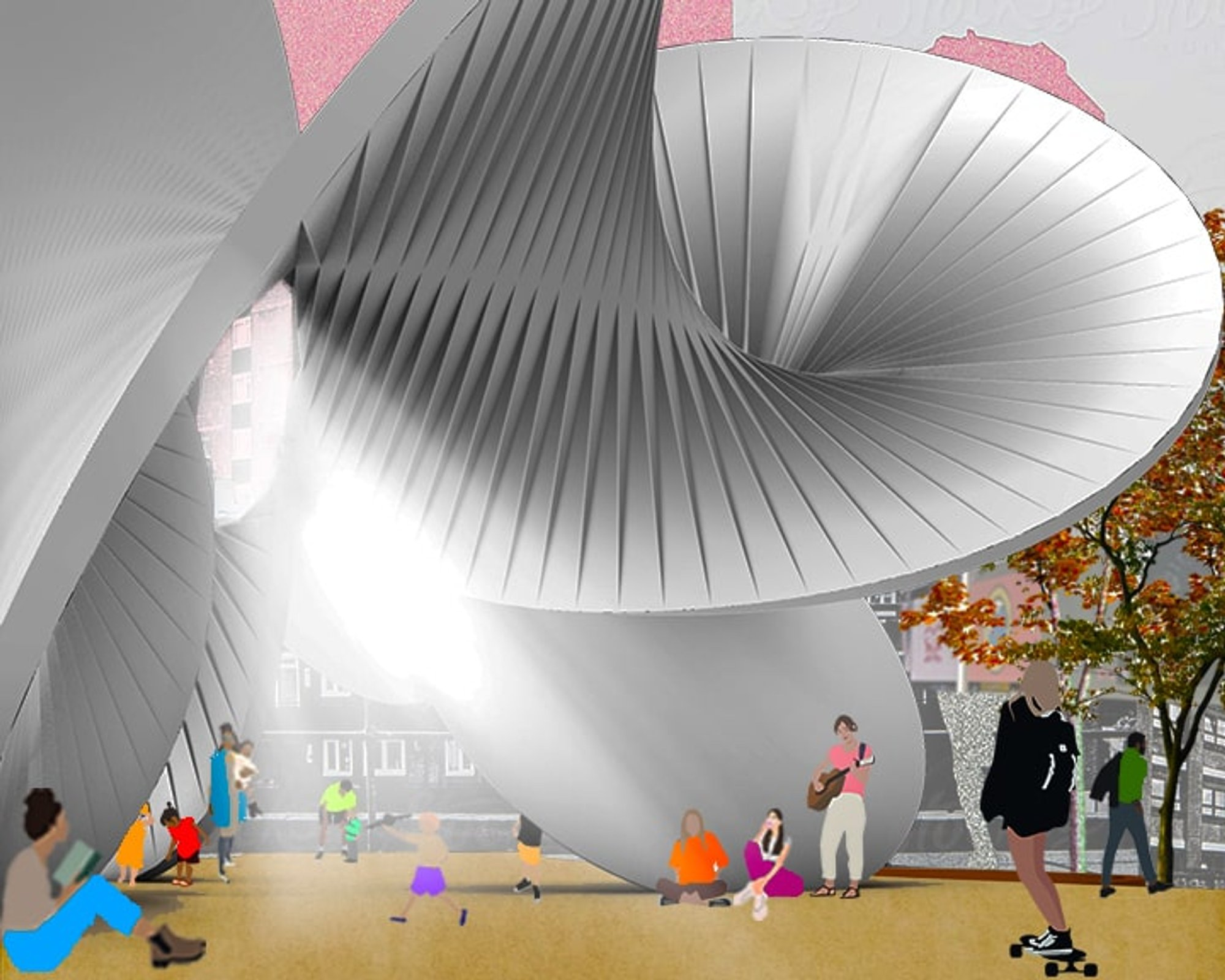 Layered curves, light, and shadow create an immersive environment where people gather beneath the pavilion’s continuous geometry.