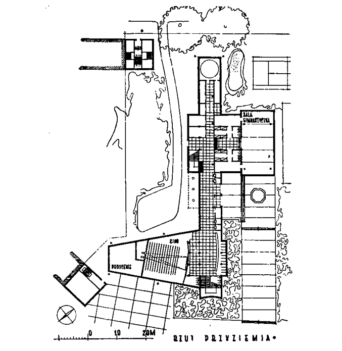 Fig. 1. The first concept of the MCC by Adam Kühnl – ground floor plan (source: J. Kowalski, Morski Dom Kultury, „Architektura” 1955, nr 4 (90), s. 87)