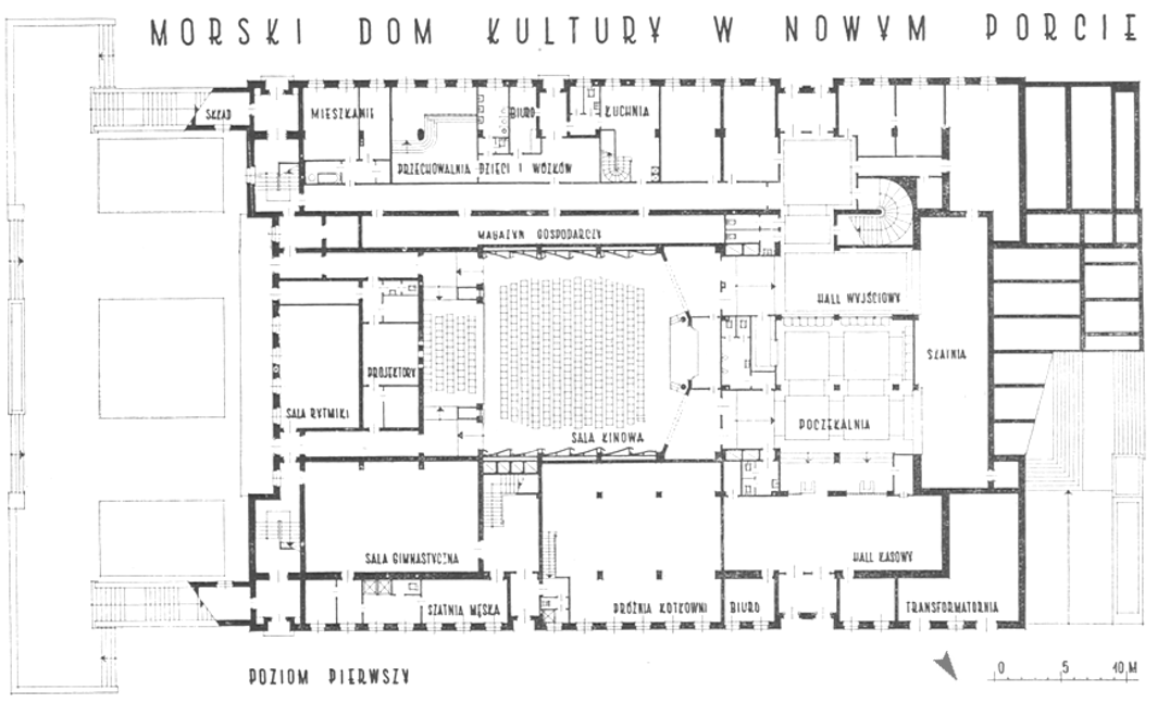 Fig. 5. Ground Floor Plan of the MCC (source: J. Kowalski, Morski Dom Kultury, „Architektura” 1955, nr 4 (90), s. 86)