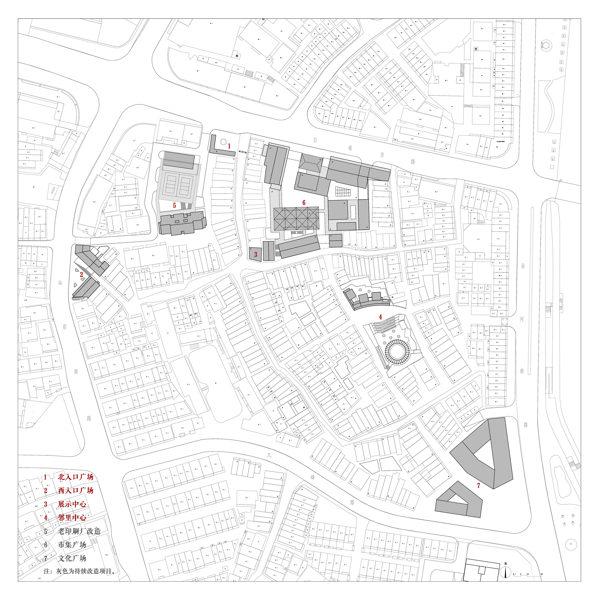 Site plan drawing showing urban block arrangement with courtyard spaces and circular element within street grid