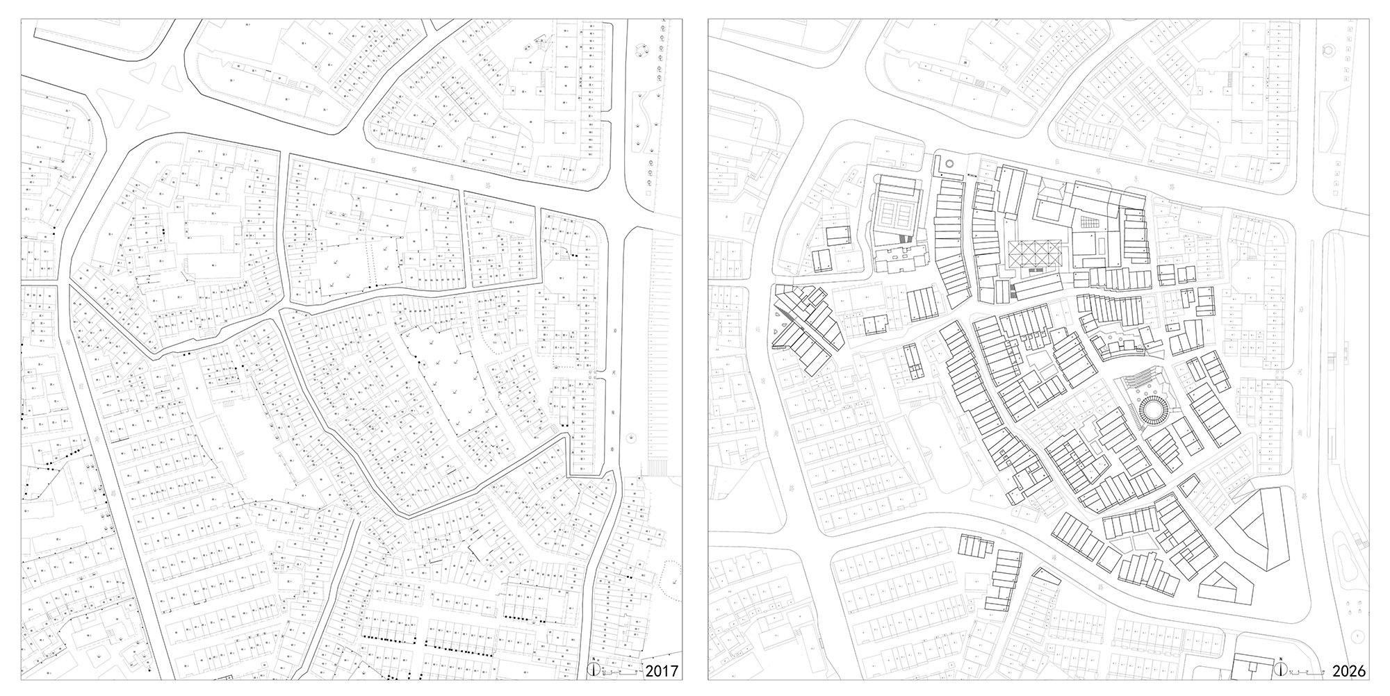 Side-by-side site plan drawings comparing two phases of neighborhood development and block configuration