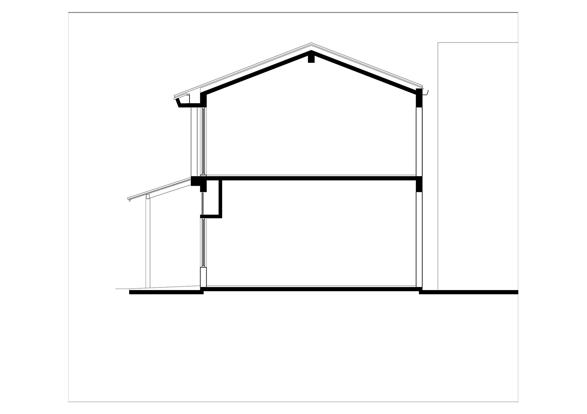Section drawing showing a two-story gabled structure with exposed roof framing and an adjacent flat-roofed extension