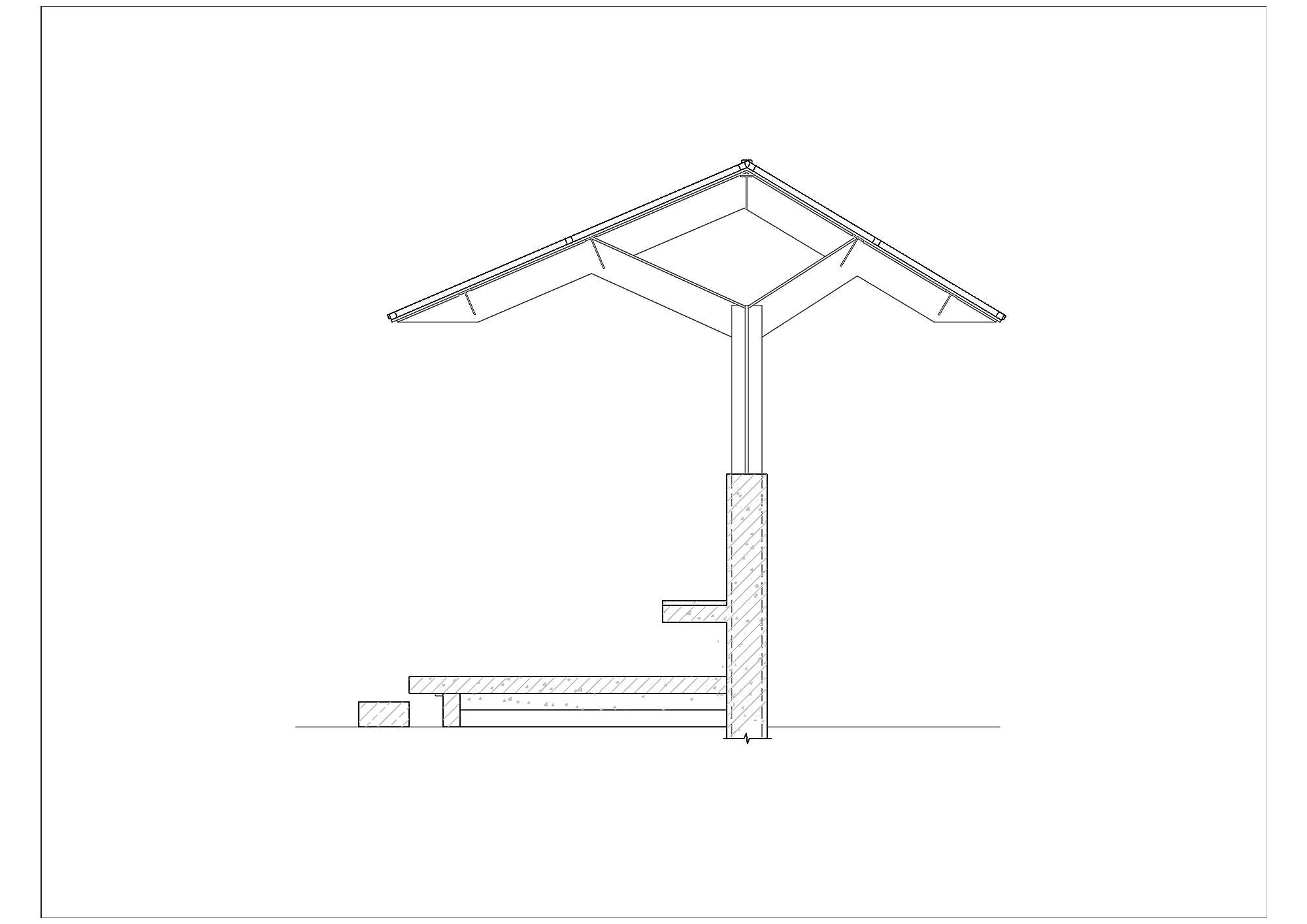 Section drawing showing the central support column with exposed roof trusses and textured wall cladding