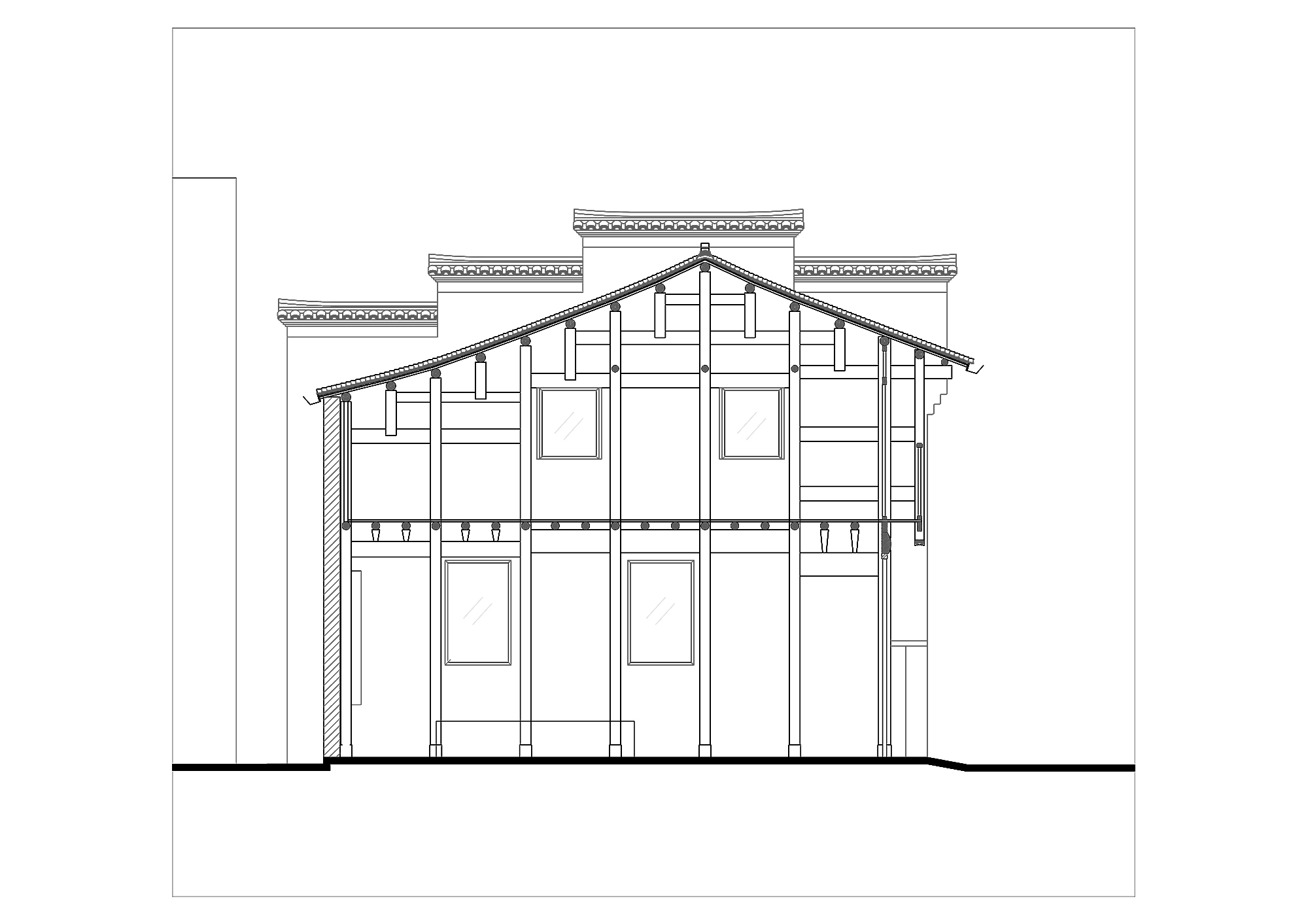 Section drawing revealing a pitched roof structure with timber framing and two-story interior spaces