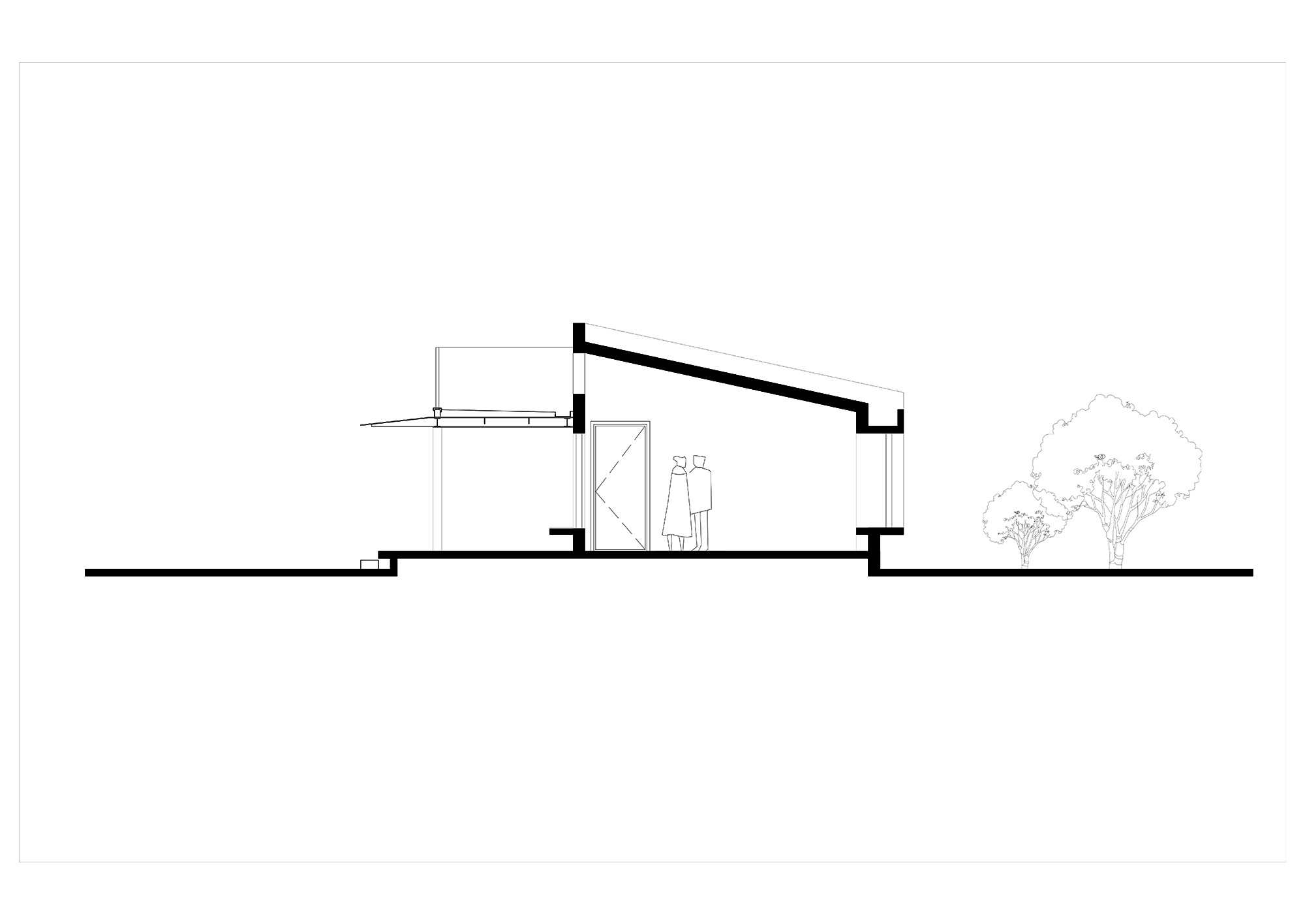 Section drawing showing a sloped roof profile with two figures and a tree sketch
