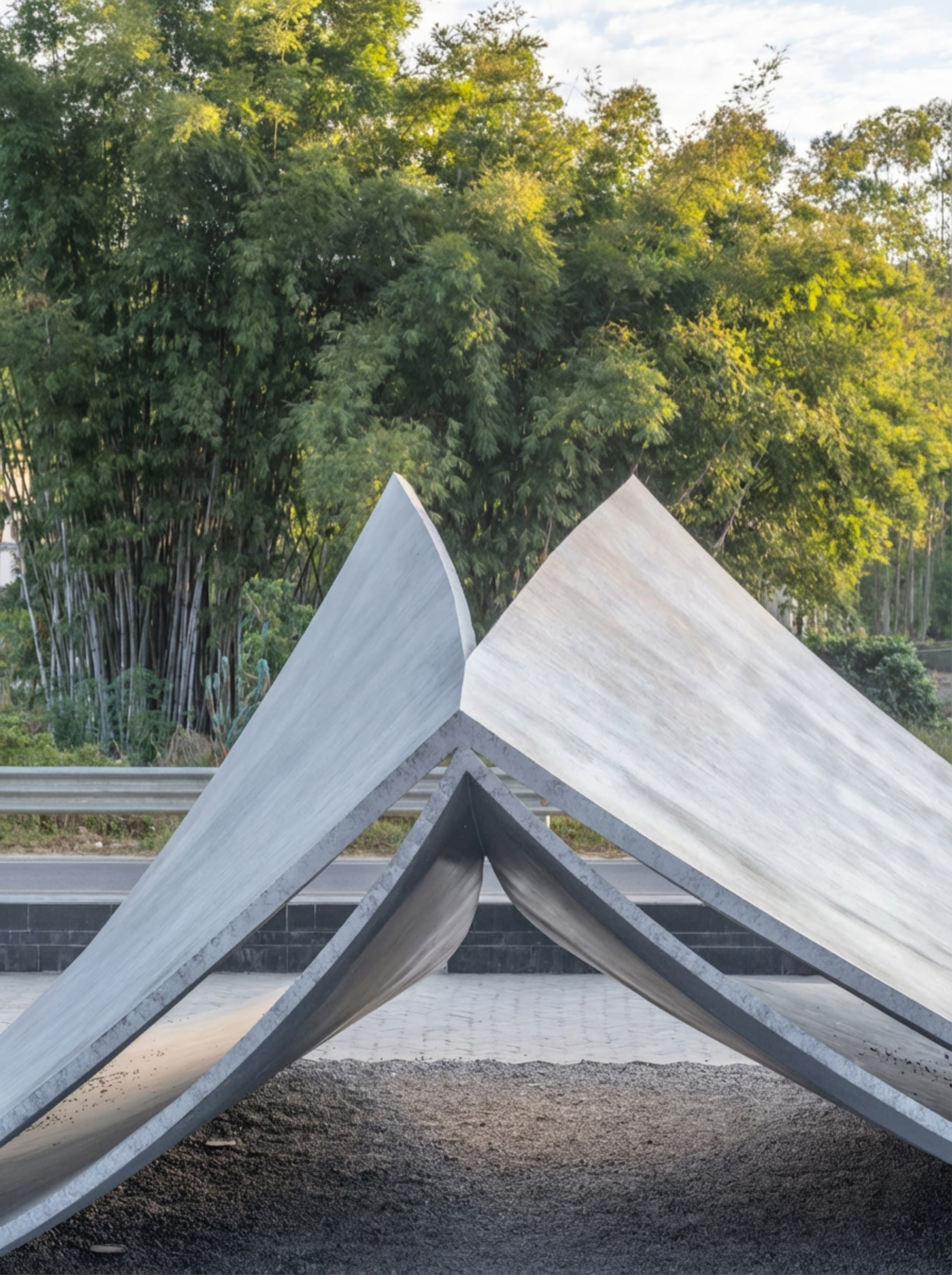 Intersecting concrete roof forms framing a covered space with bamboo forest beyond