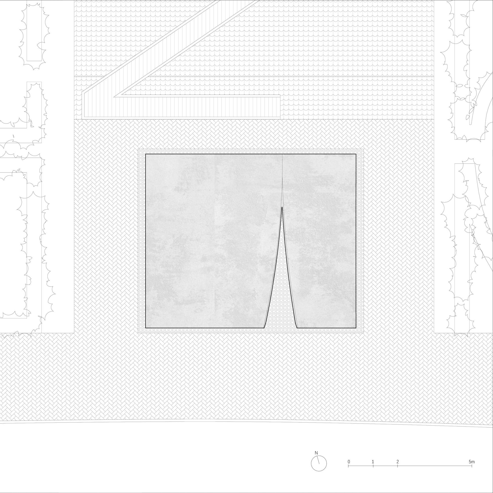 Roof plan drawing depicting the split angular geometry and surface patterning with surrounding trees