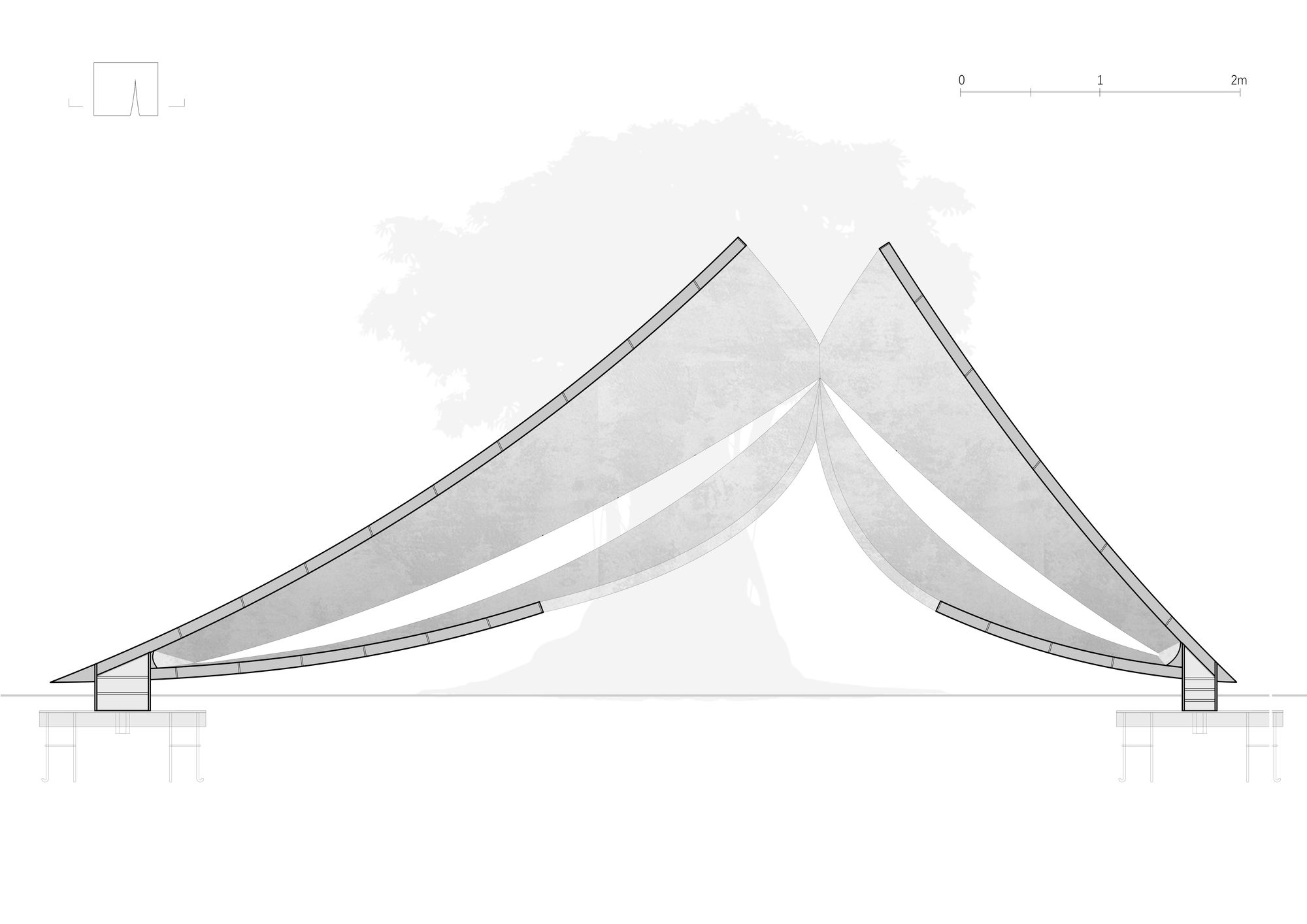 Section drawing showing the folded roof structure and interior volume with layered planes