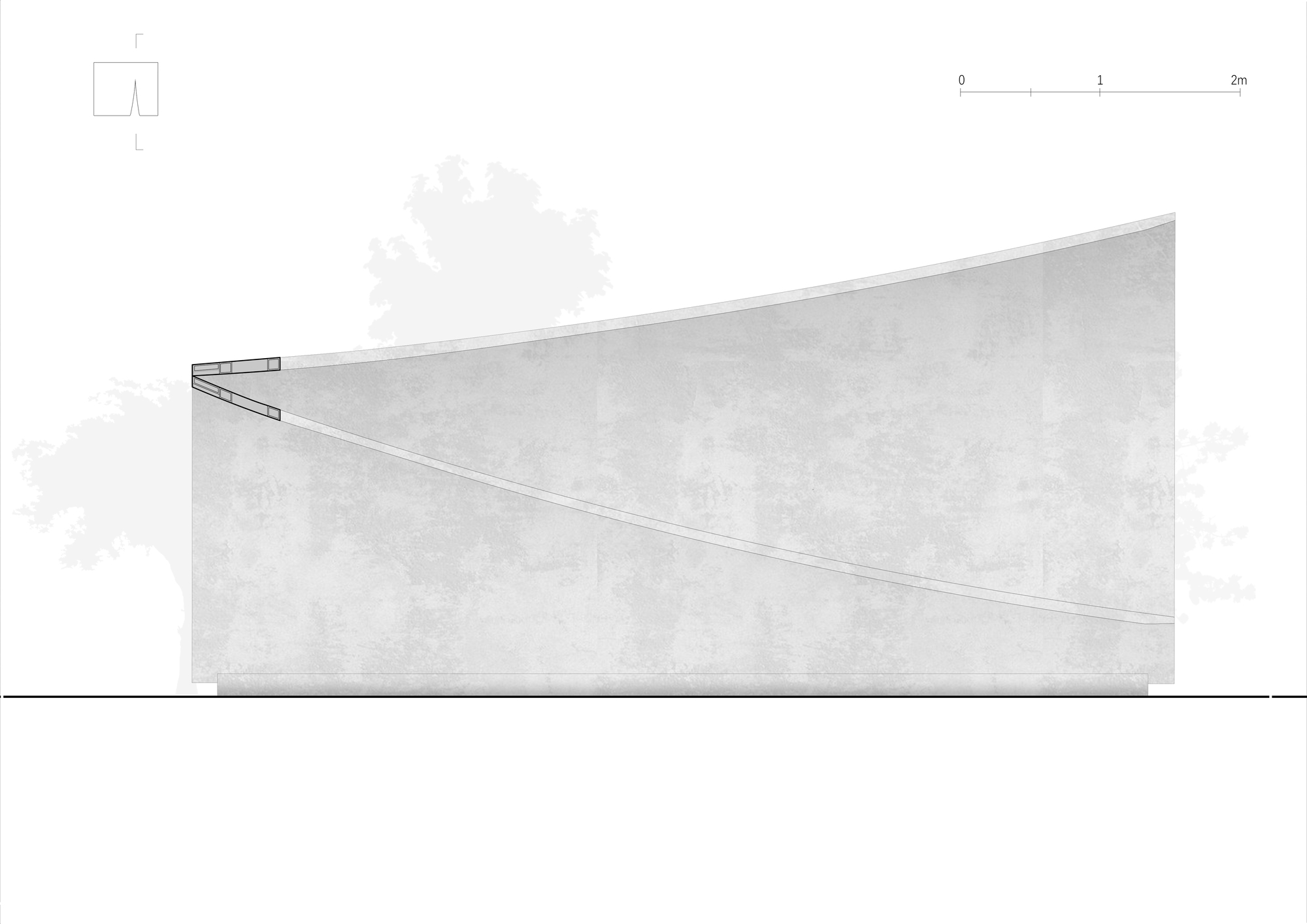 Elevation drawing showing a sloped concrete wall with cantilevered overhang and trees in silhouette