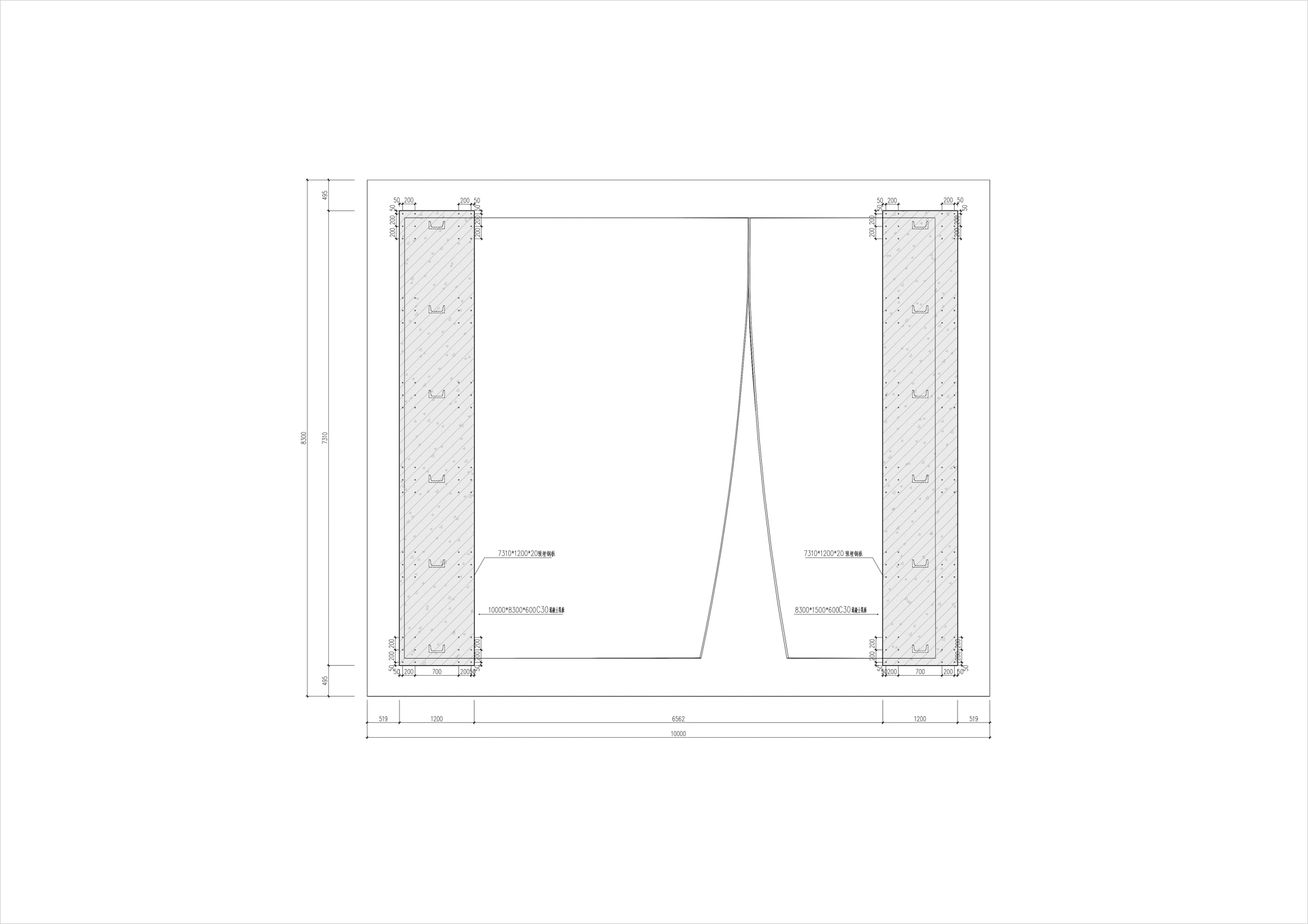Section drawing depicting thick hatched walls flanking a central triangular void space