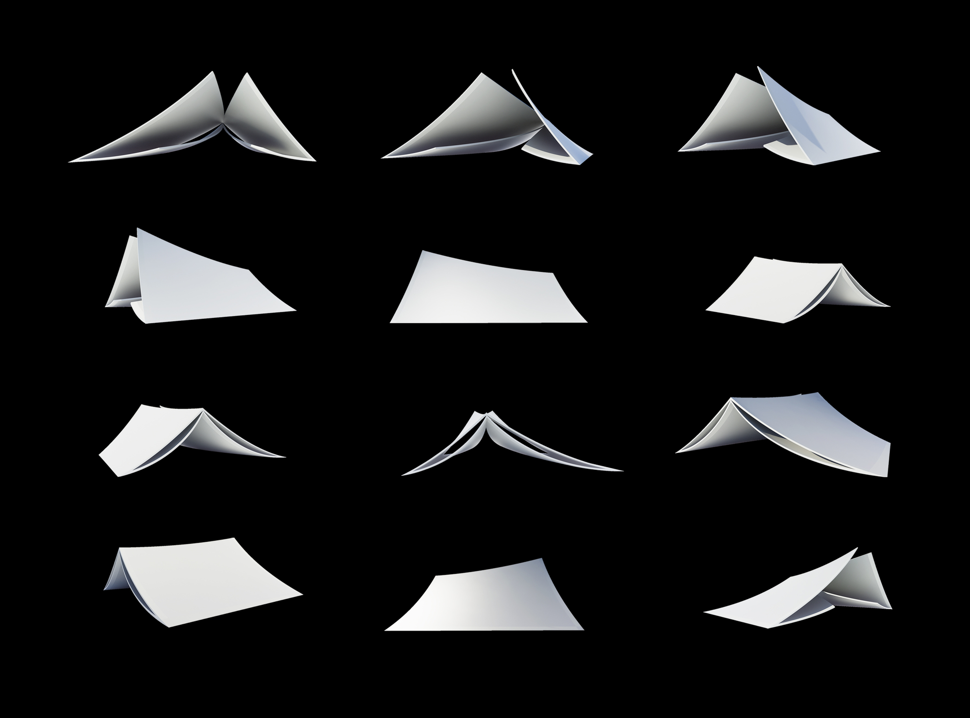 Study diagram of twelve white folded roof forms arranged in a grid on black background