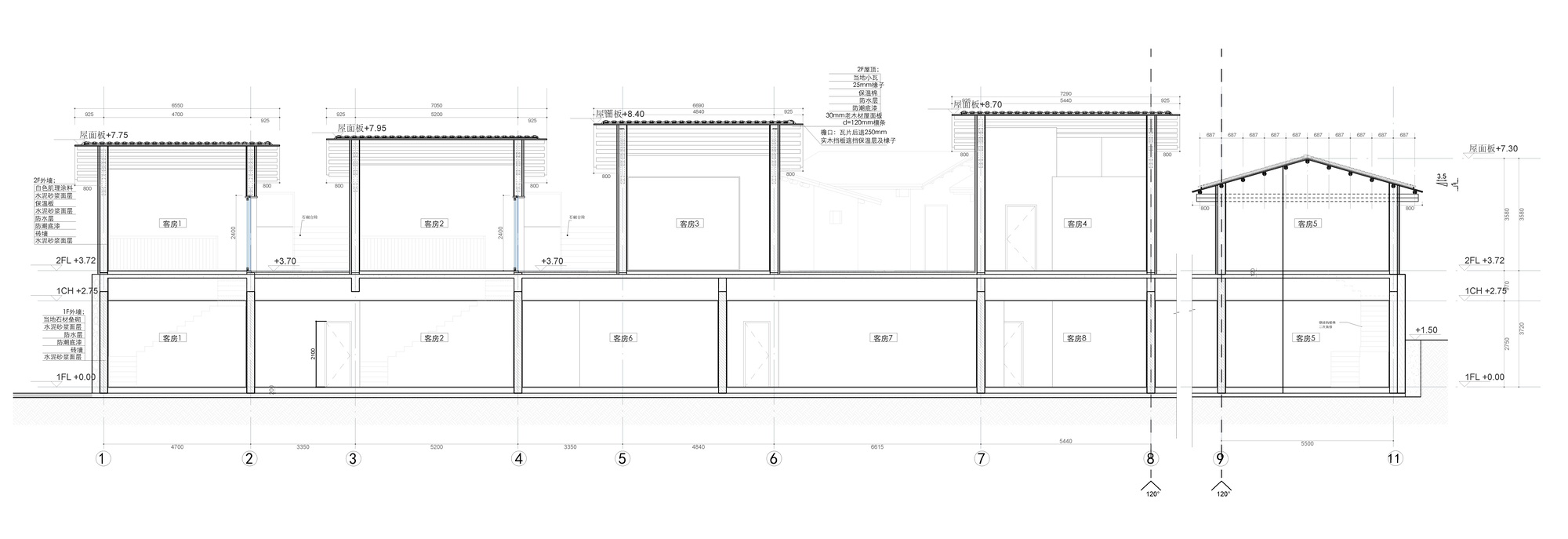 Section drawing showing multiple residential units with flat and pitched roofs across two floors