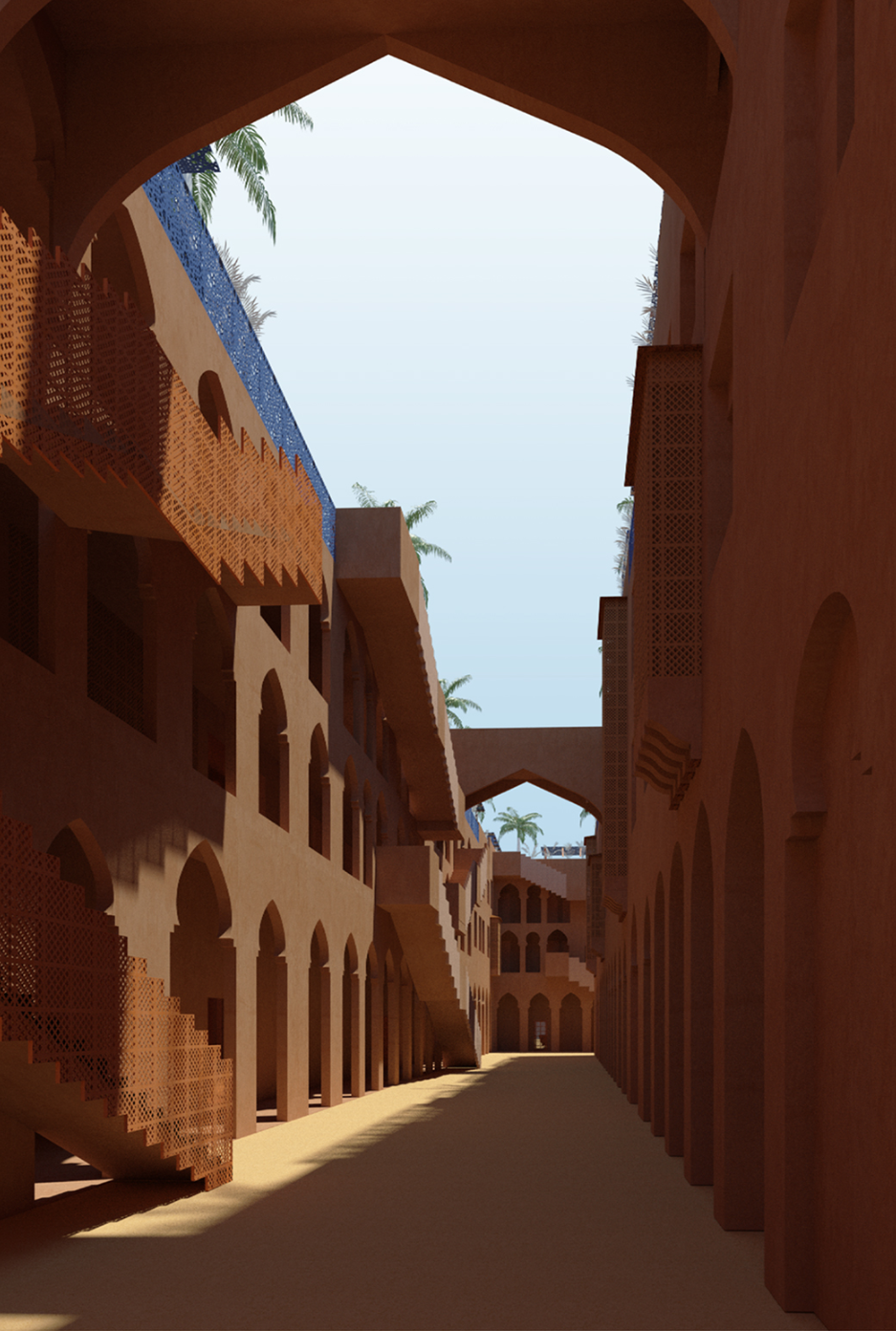 Shaded arcades and arched passages create comfortable pedestrian routes through the residential complex.