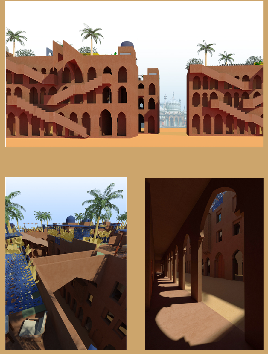 Courtyards, external stairs, and Moroccan-inspired arches strengthen social interaction across the development.