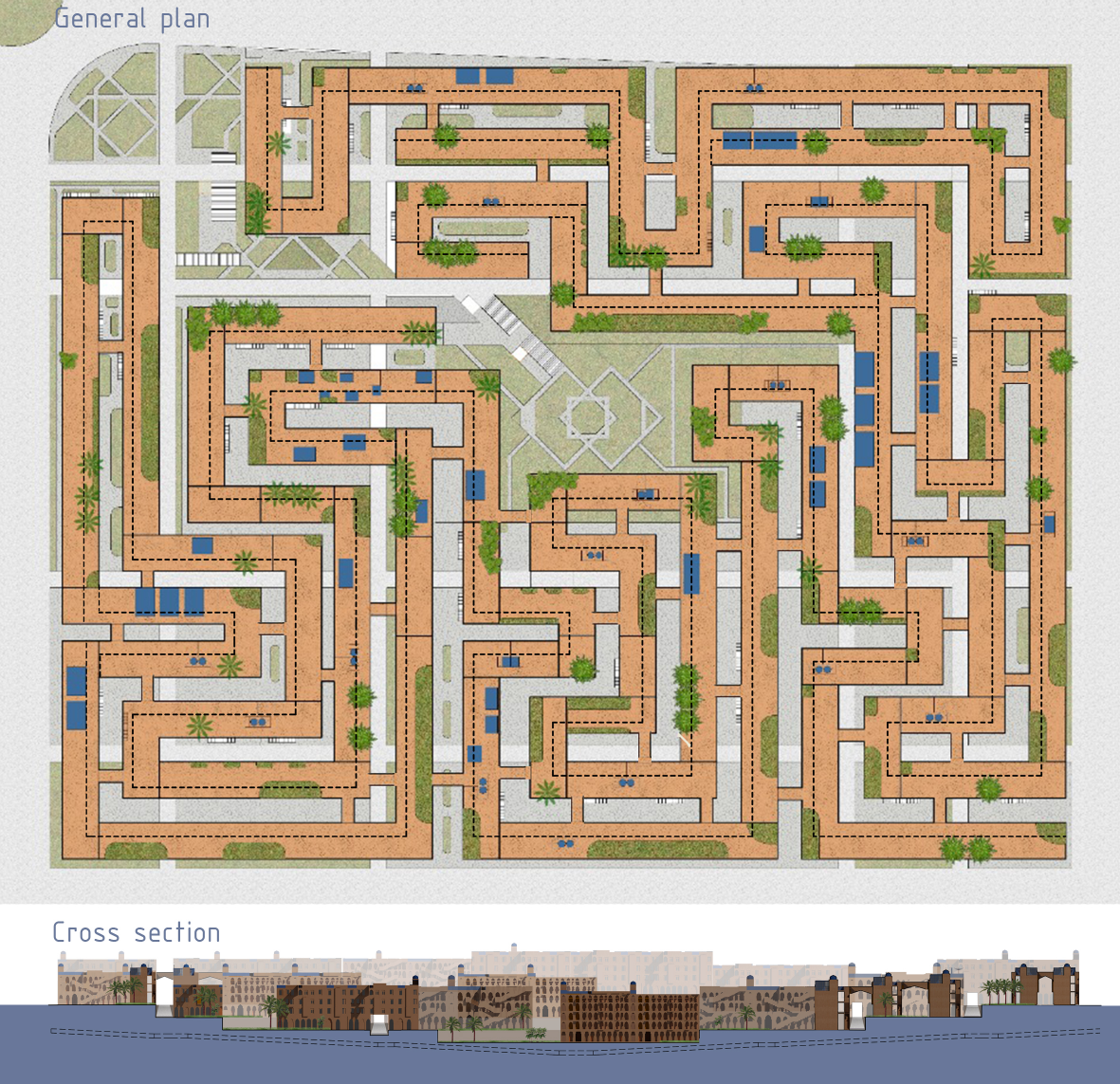 The masterplan organizes interconnected low-rise blocks around landscaped courtyards, pathways, and shared amenities.