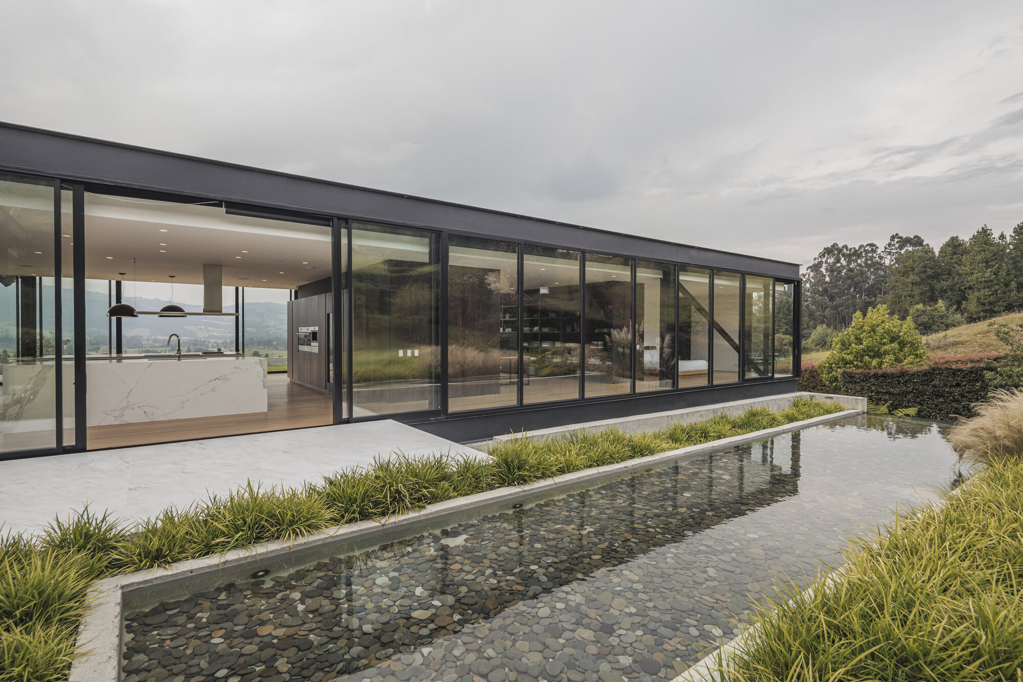 Linear reflecting pool edged with plantings running parallel to the glazed facade