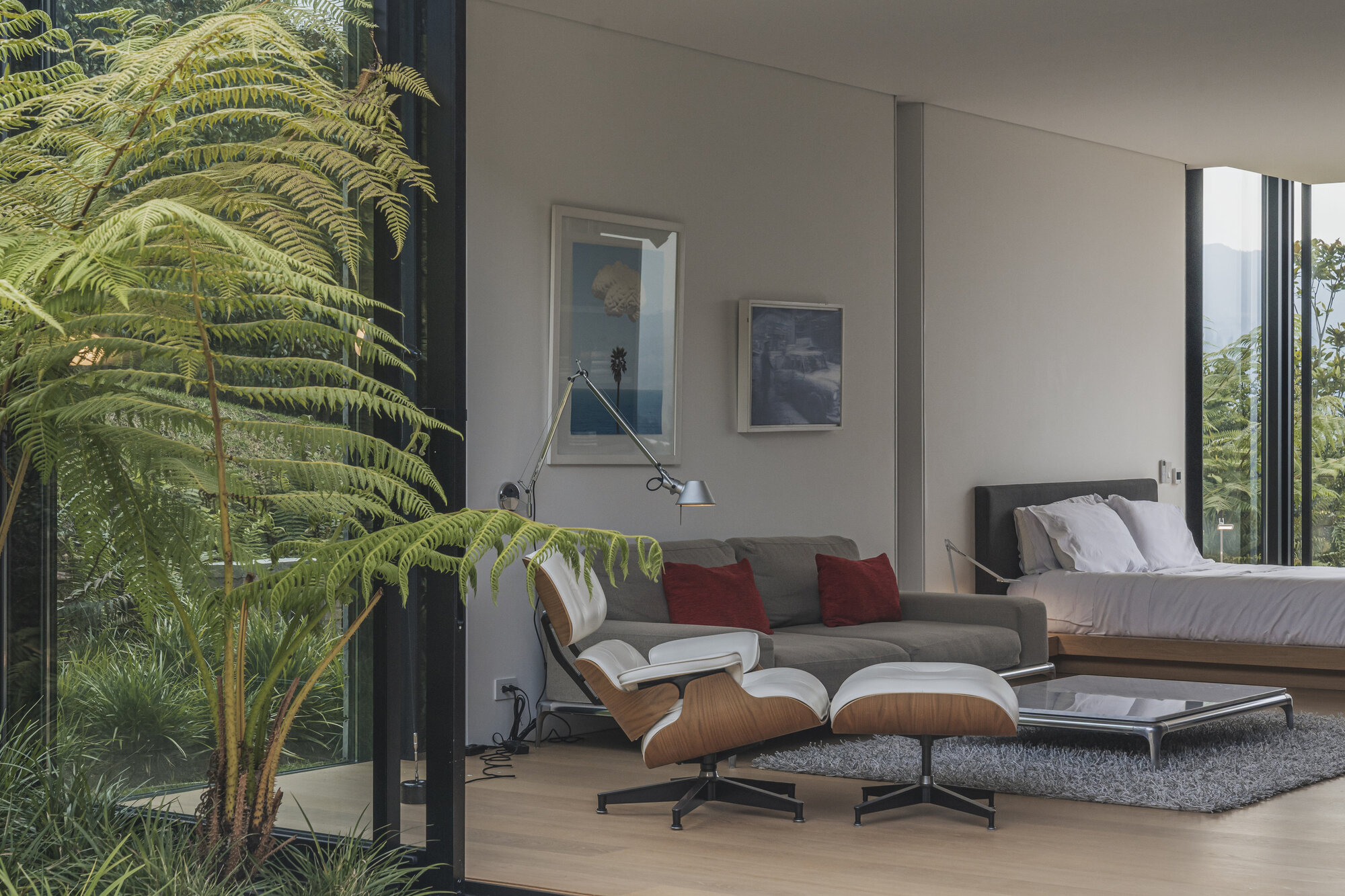 Bedroom seating area with tree ferns visible through corner glazing on a sunny afternoon