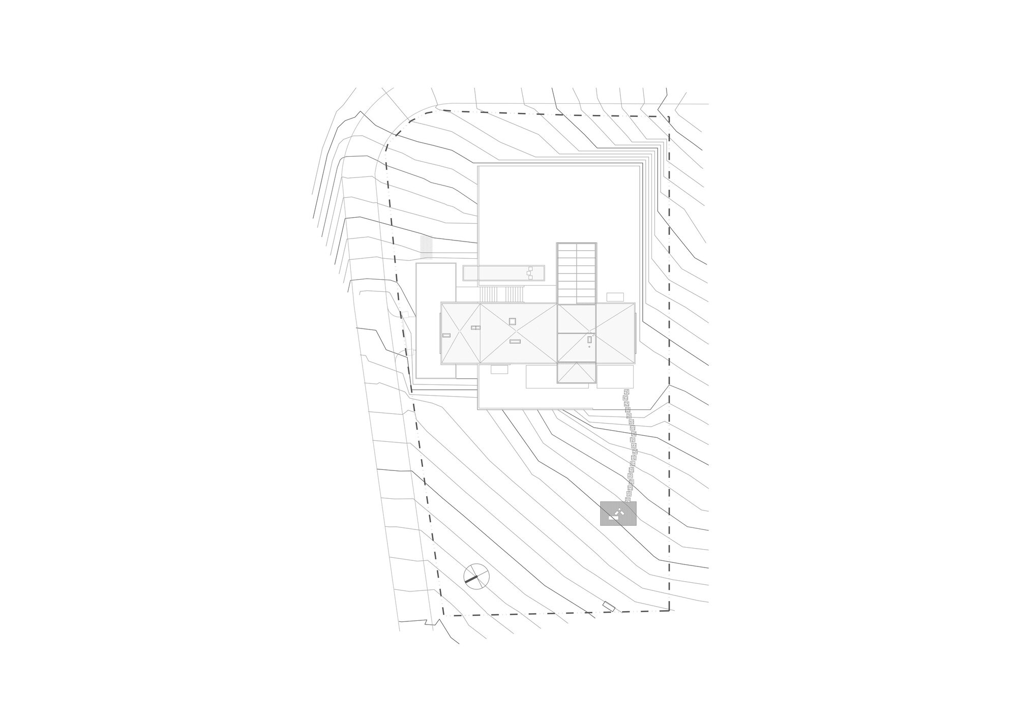 Site plan drawing showing building footprint positioned on sloping topography with contour lines