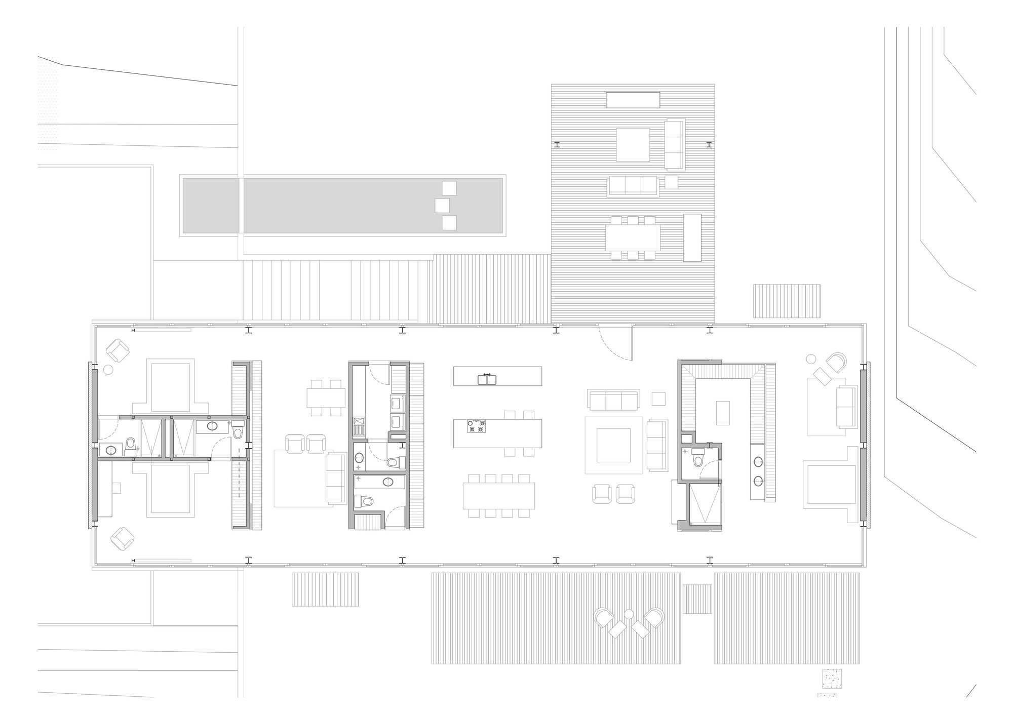 Floor plan drawing showing open living spaces with terrace extensions on multiple sides