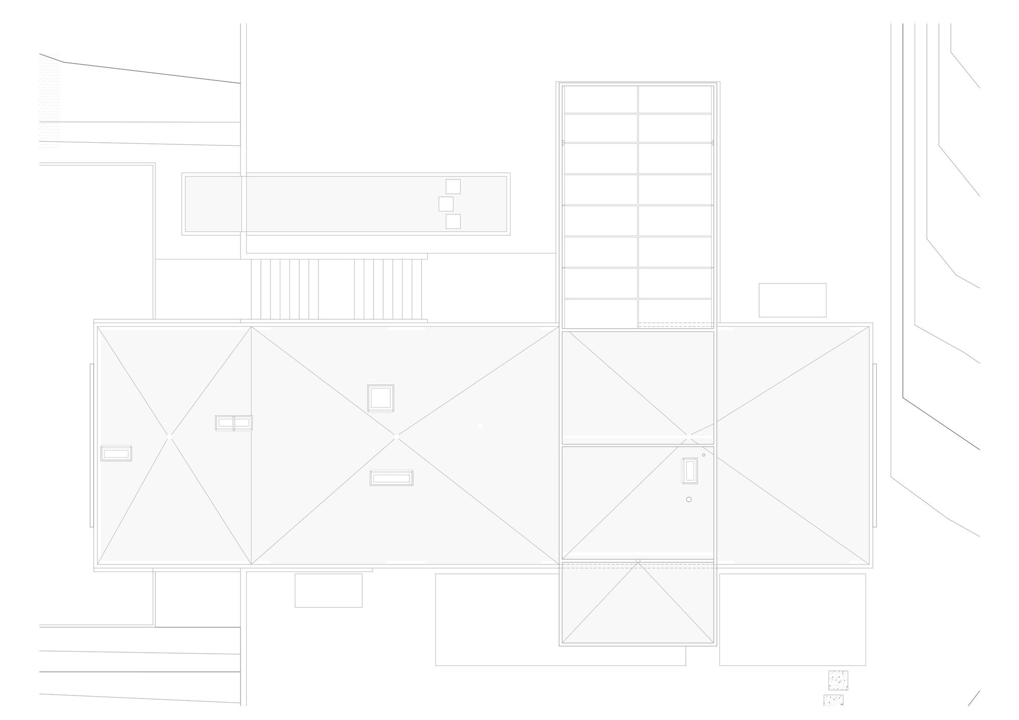 Roof plan drawing showing pitched and flat roof sections with skylights and clerestories