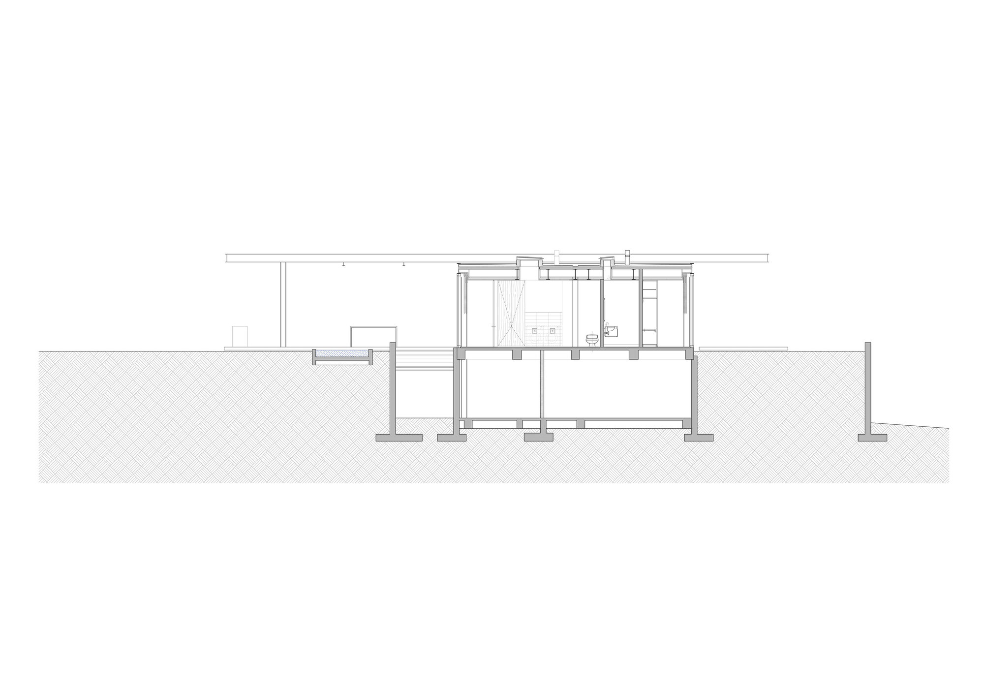 Section drawing showing a multi-level residence with columns and terracing cut into the hillside