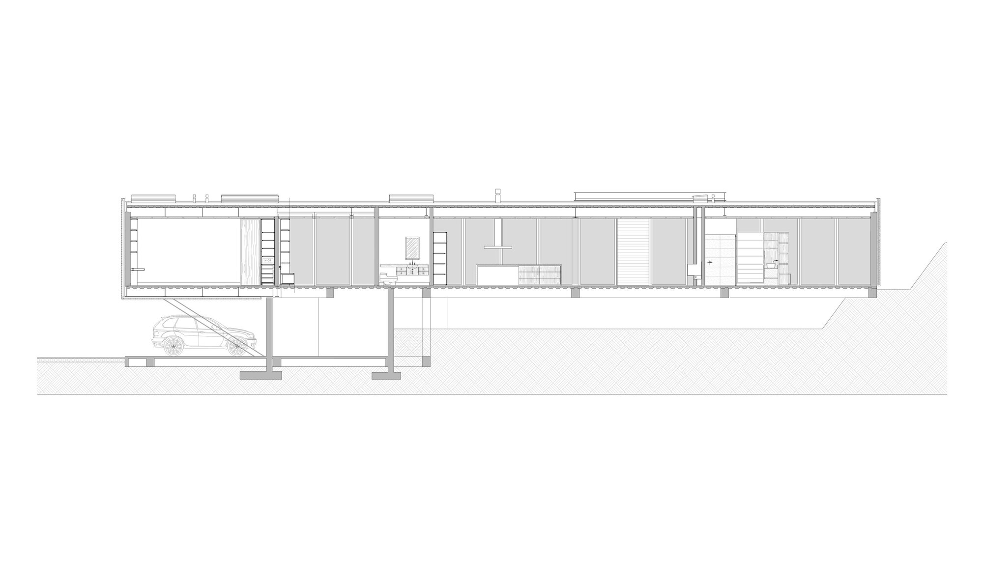 Section drawing showing an elevated linear volume on slender supports with a sloping site below