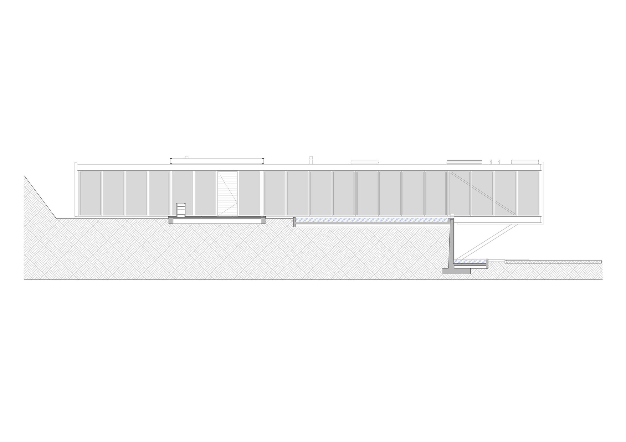 Section drawing showing the building following the contour with stepped terraces extending from the main volume