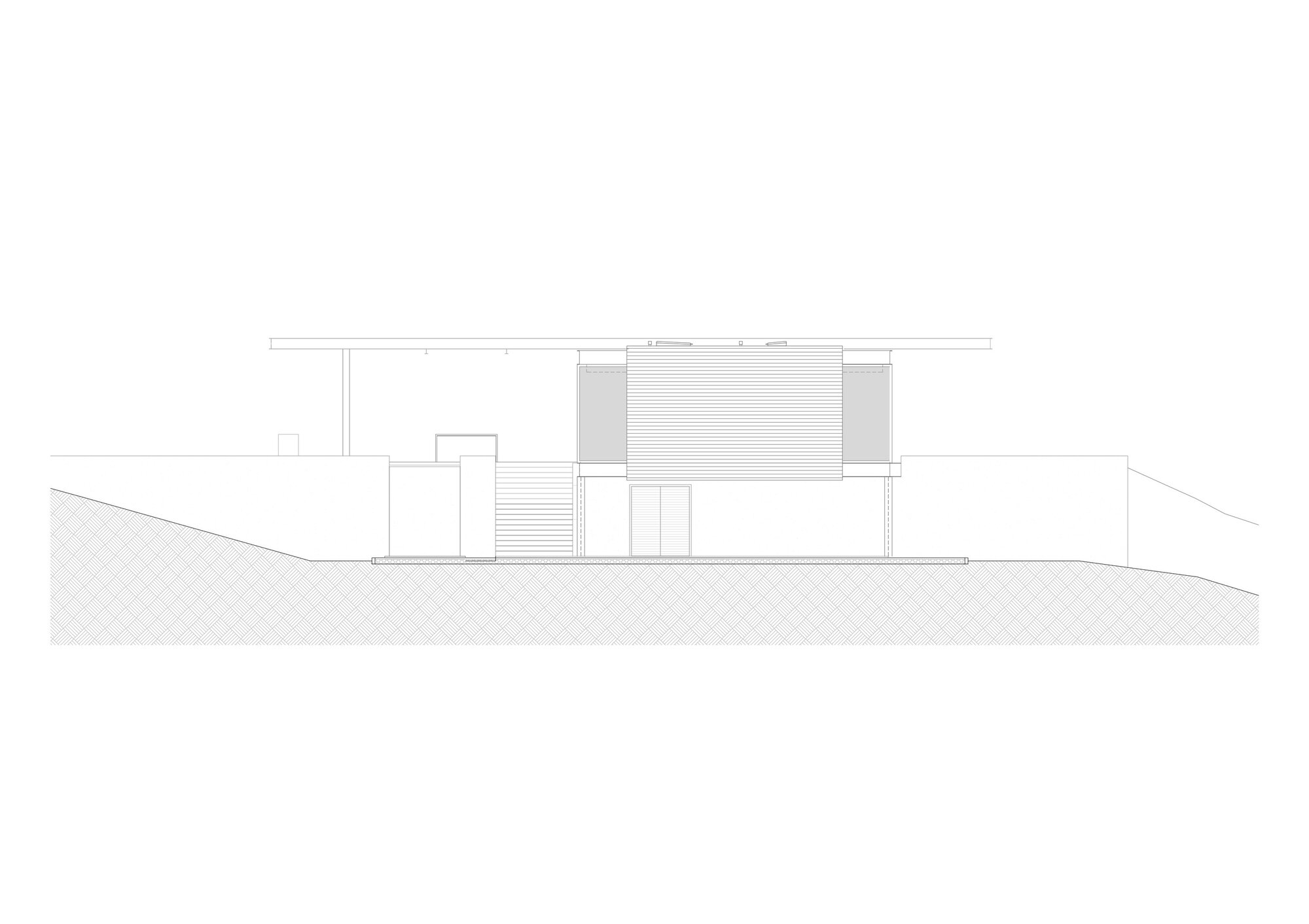Elevation drawing showing a two-story composition with horizontal louvers and solid panels on sloping ground