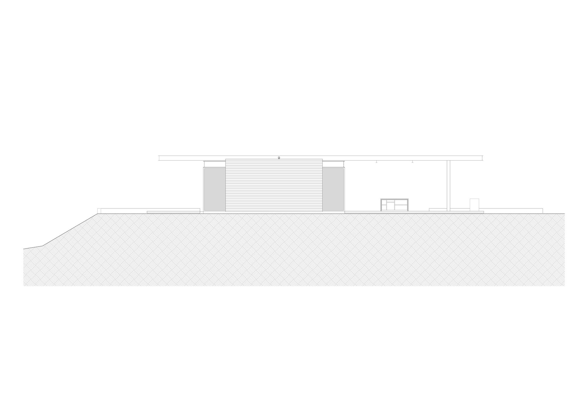 Elevation drawing showing a horizontal volume with louvered center section flanked by solid masses on a hillside