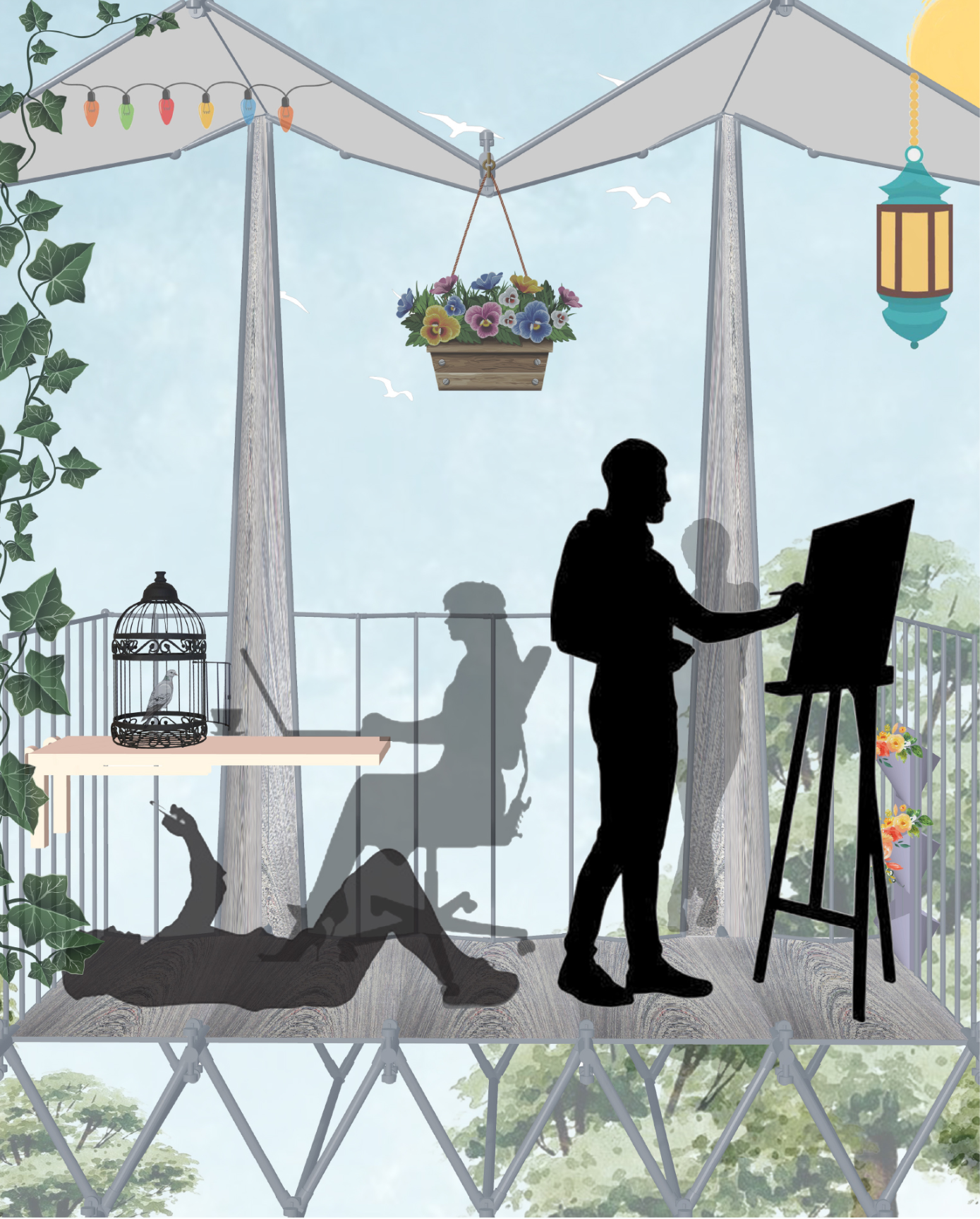 Illustration of a canopied terrace with a figure painting at an easel and a cat resting below
