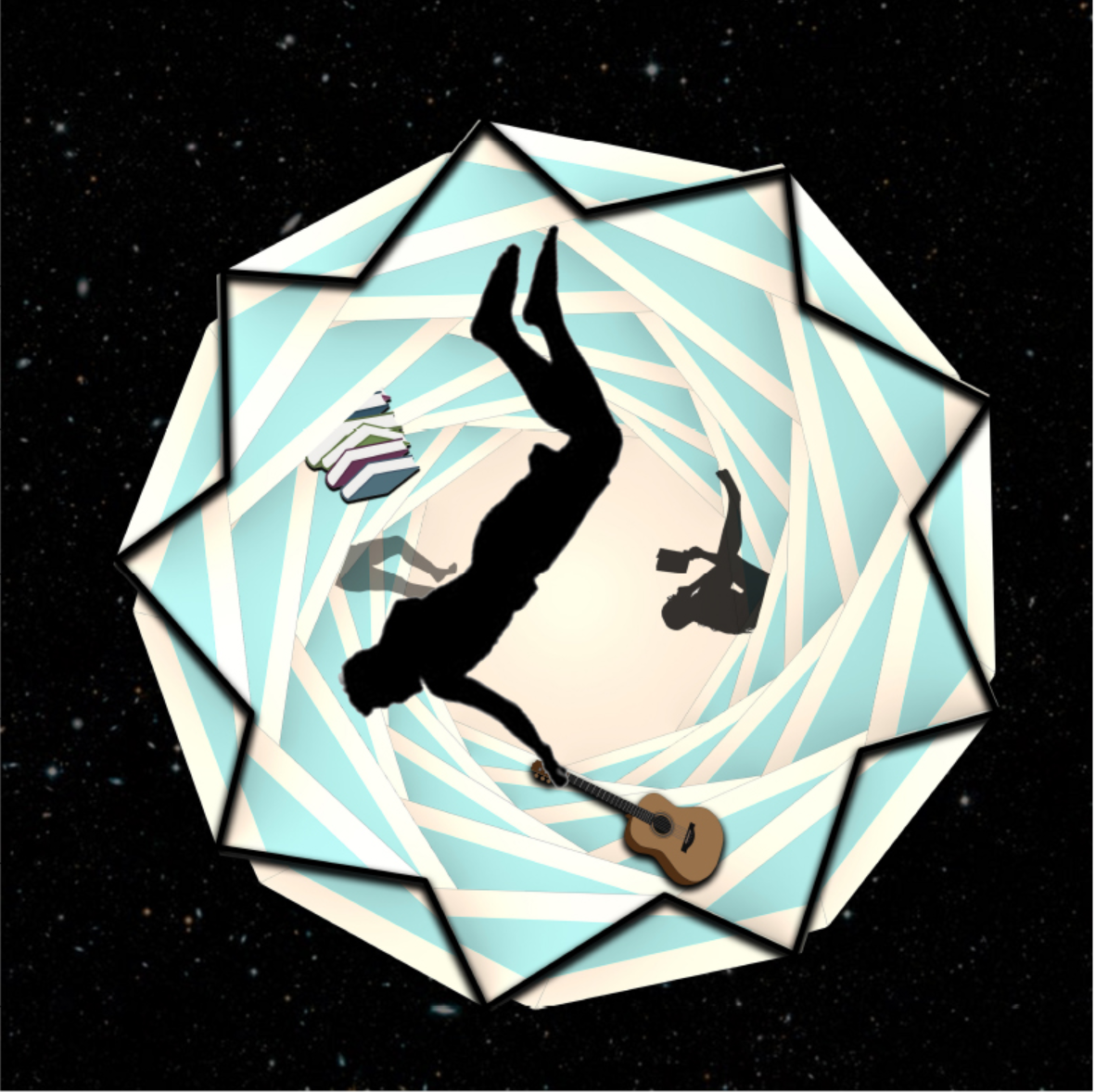 Top-down view of the octagonal folded canopy with figures and a guitar inside against a starfield