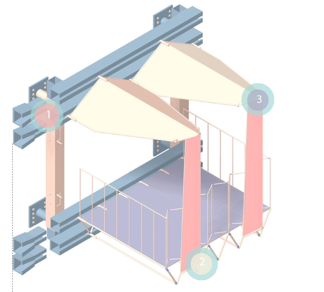 Exploded axonometric drawing showing the corrugated base, pink columns, canopy panels, and blue structural beams