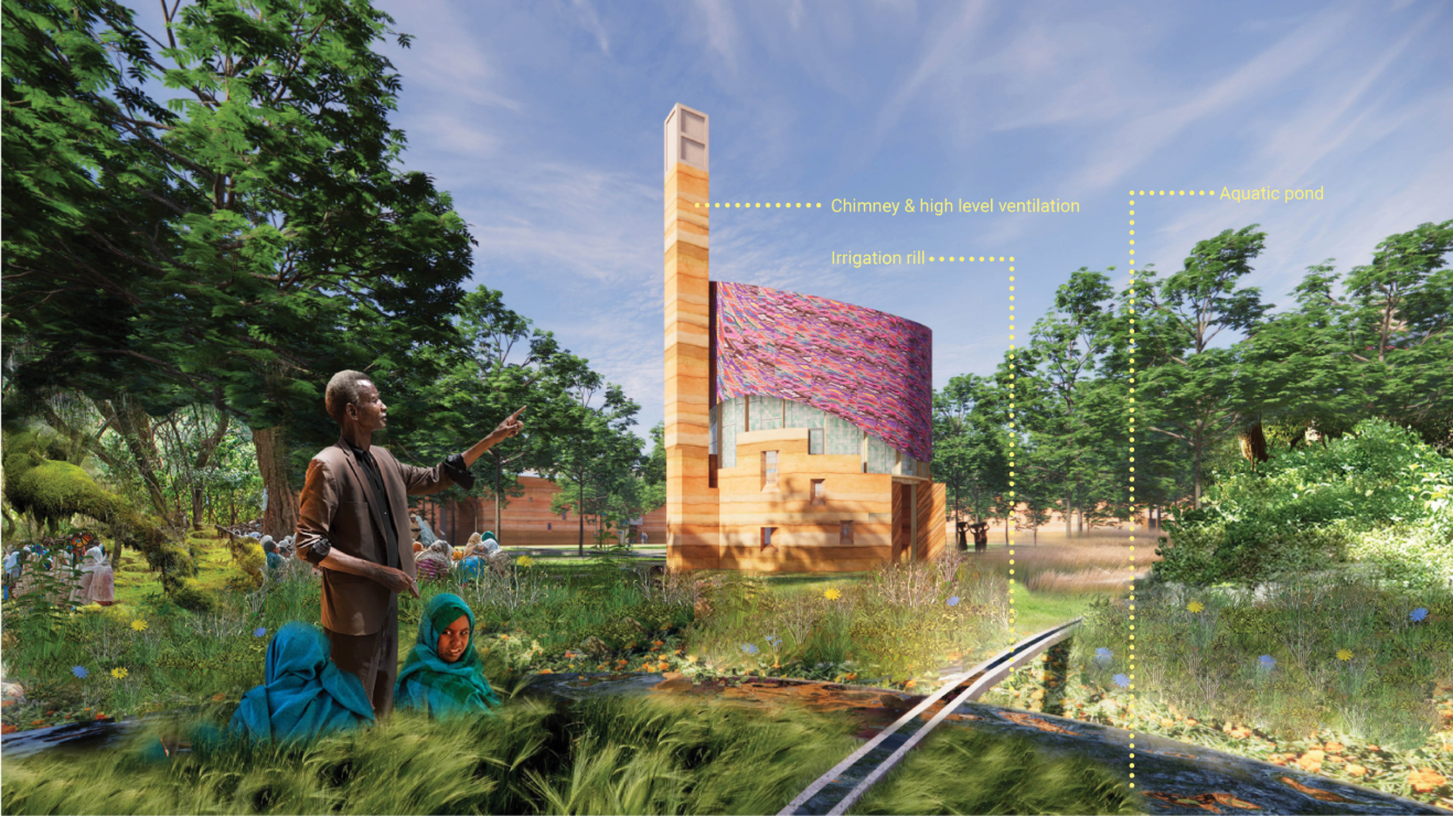 Climate-responsive chapel design with irrigation rills, aquatic ponds, and high-level ventilation.