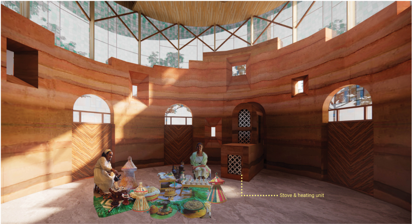 Warm rammed-earth interior shaped for gathering, ritual, and everyday community use.
