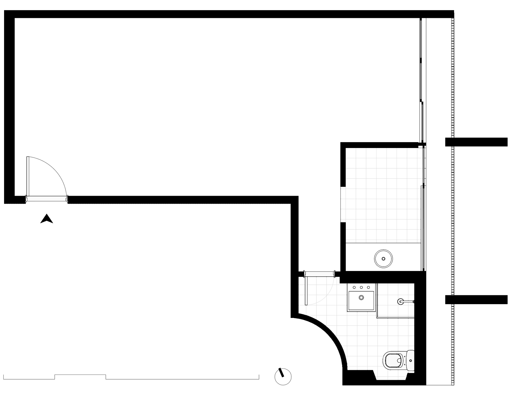 Floor plan drawing of a single apartment showing one open room, an entry door, and two small bathrooms with a curved wall