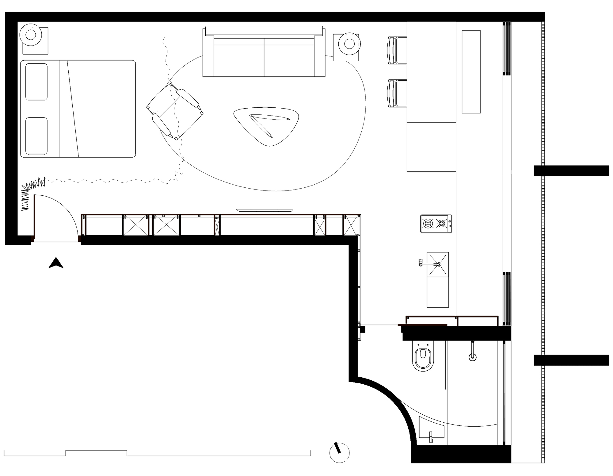Floor plan drawing of an L-shaped apartment with bed, sofa and rug, a linear kitchen, and a curved-wall bathroom beside the glazed edge