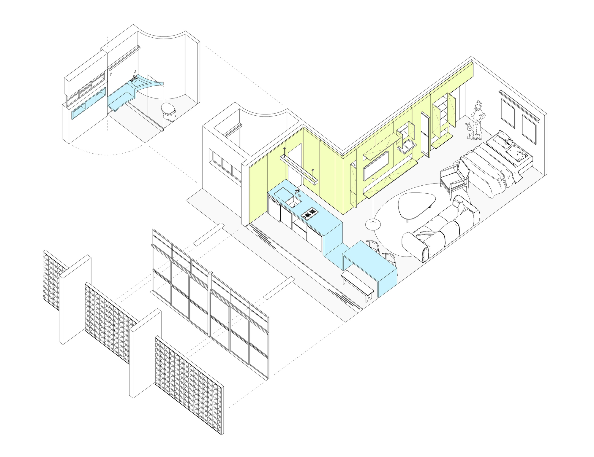 Exploded axonometric drawing of the apartment, with yellow storage wall and blue kitchen counter, plus detached bathroom, glazing and screen panels